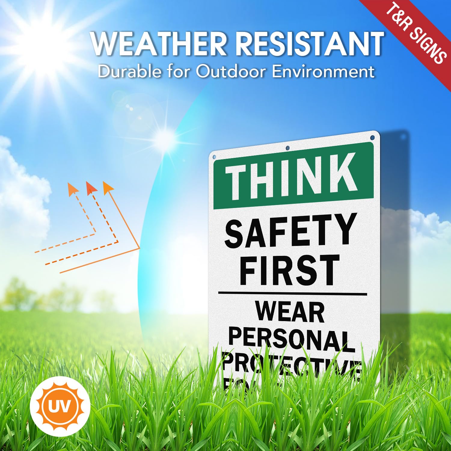 T&R Large Think Safety First Sign Wear Personal Protective Equipment - 2 Pack - 14 x 10 Inches Rust Free .040 Aluminum Reflective - UV Protected, Waterproof and Fade Resistant - 6 Pre-drilled Holes — Amazon image 3