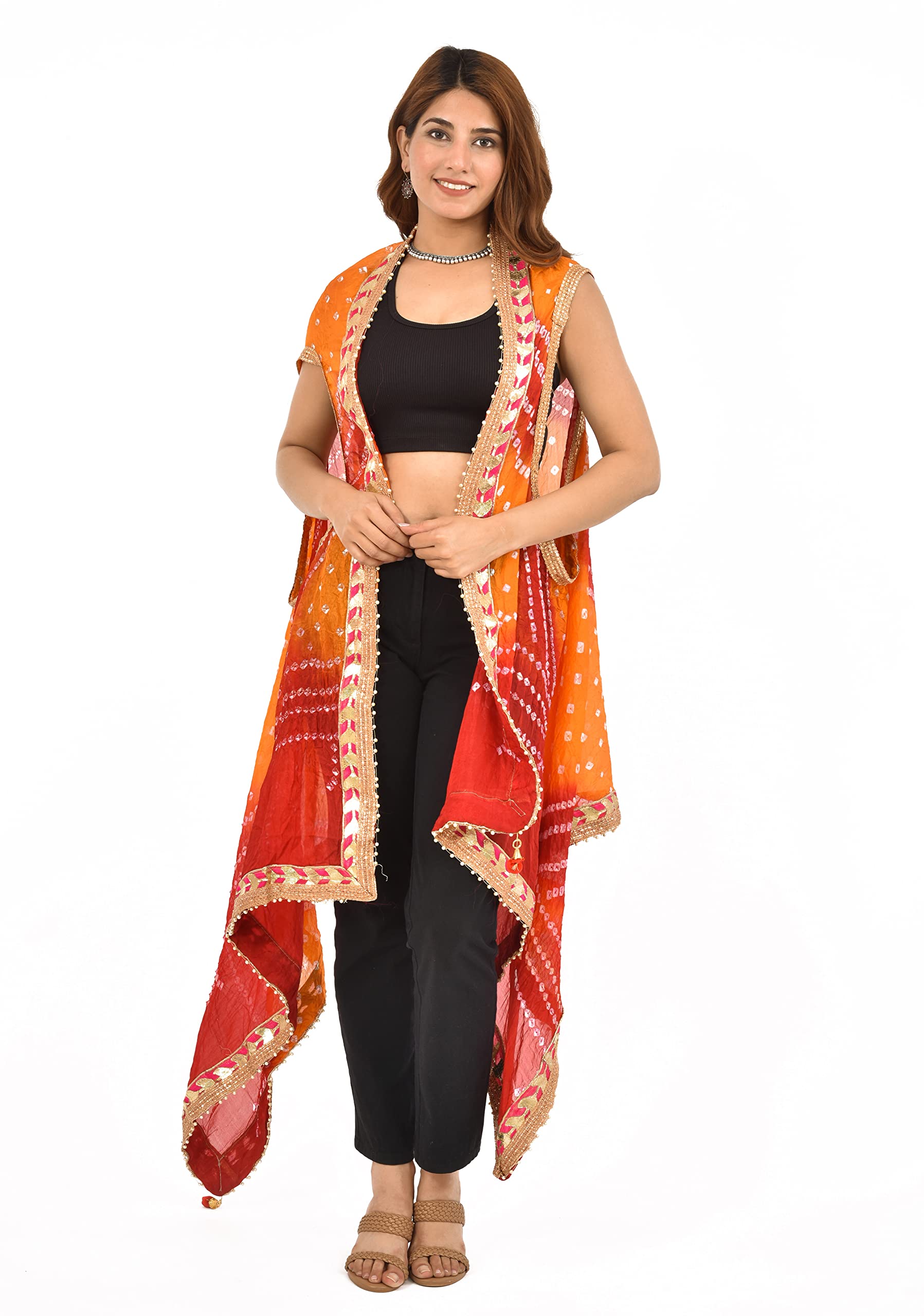 PK HUBJaipuri Rajasthani Shrug Women's Silk Bandhani Bandhej Multi-Colored Heavy Dupatta Shrug Style With Gota Work And Latkan