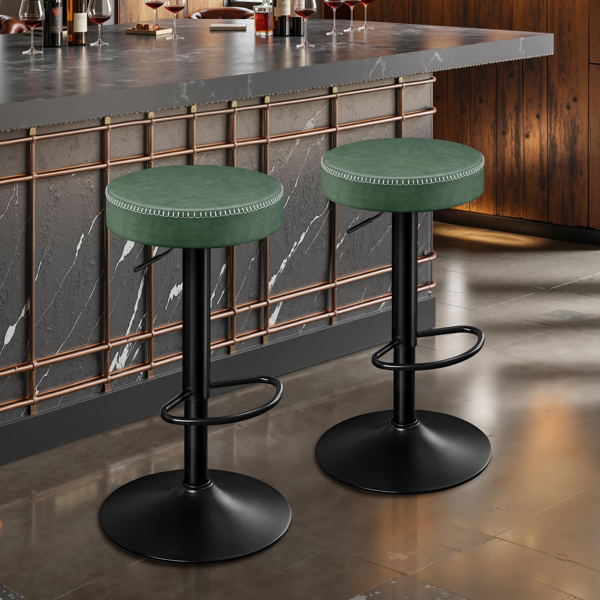 STOOLINK Set di 2 Sgabello da Cucina, Sgabelli da Bar Regolabile in Altezza Sgabelli Cucina Cuoio in Microfibra, Sgabelli Alto con Poggiapiedi, Sgabelli Bar Girevole a 360°-Verde