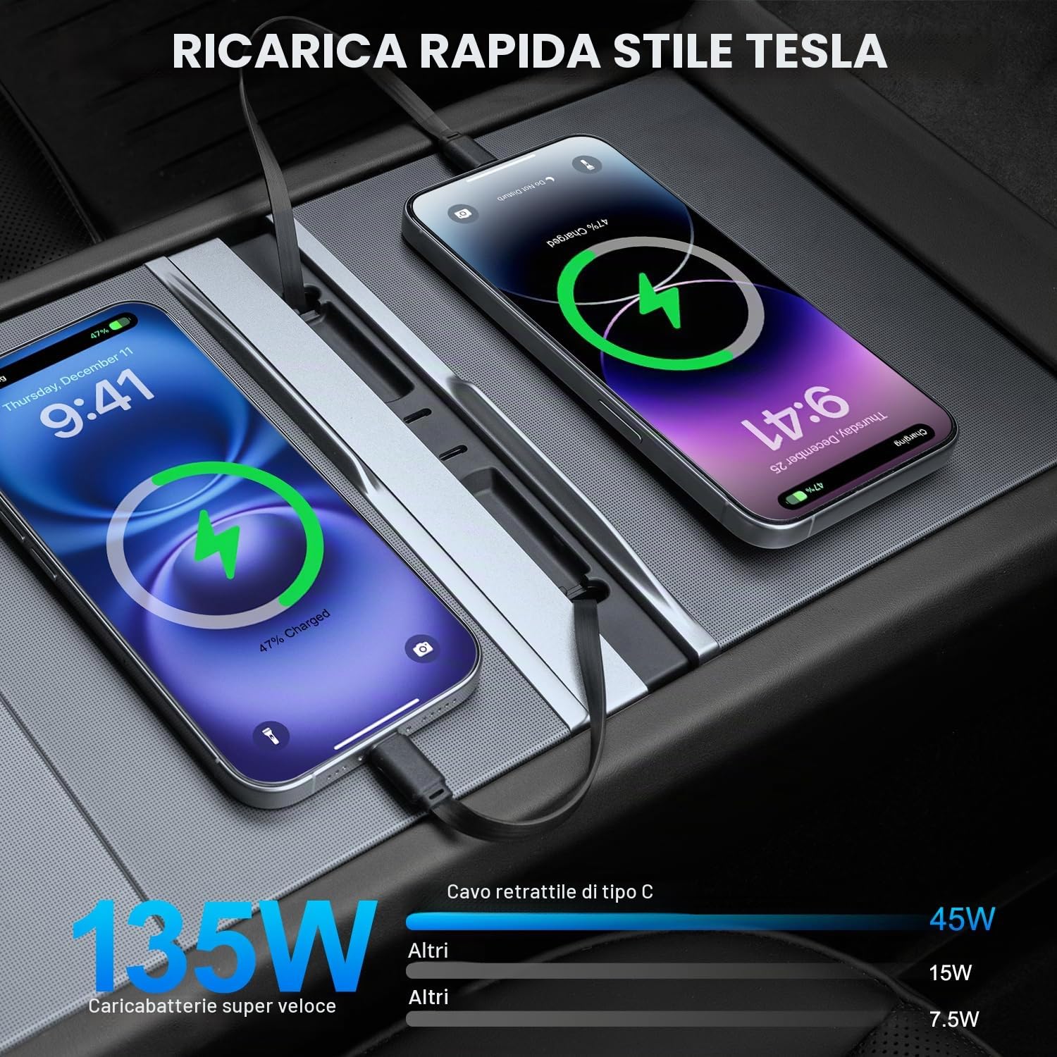 Dotato di Due Cavi Dati Retrattili Type-C for Tesla Model Y Juniper 2025 2026 Model 3 Highland 2024 2025, Cavo Retrattile con Ricarica Super Rapida da 45W per Adattatore Console Centrale TESLA