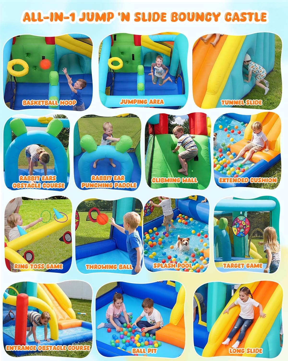 Whubefy 14-in-1 Bounce House for Kids with Ball Pit/Splash Pool, 13x8.9x6.7FT Jump 'n Slide Bouncy Castle w/Center Obstacle/Tunnel/Climbing Wall/Dartboard/Ring Toss/Ball Holes/Hoop for Indoor Outdoor