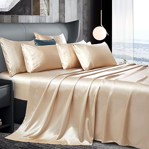 Manyshofu Juego de sábanas de satén beige de 7 piezas, tamaño King, lujoso y suave, 1 sábana bajera de satén, 1 sábana encimera de satén, 4 fundas