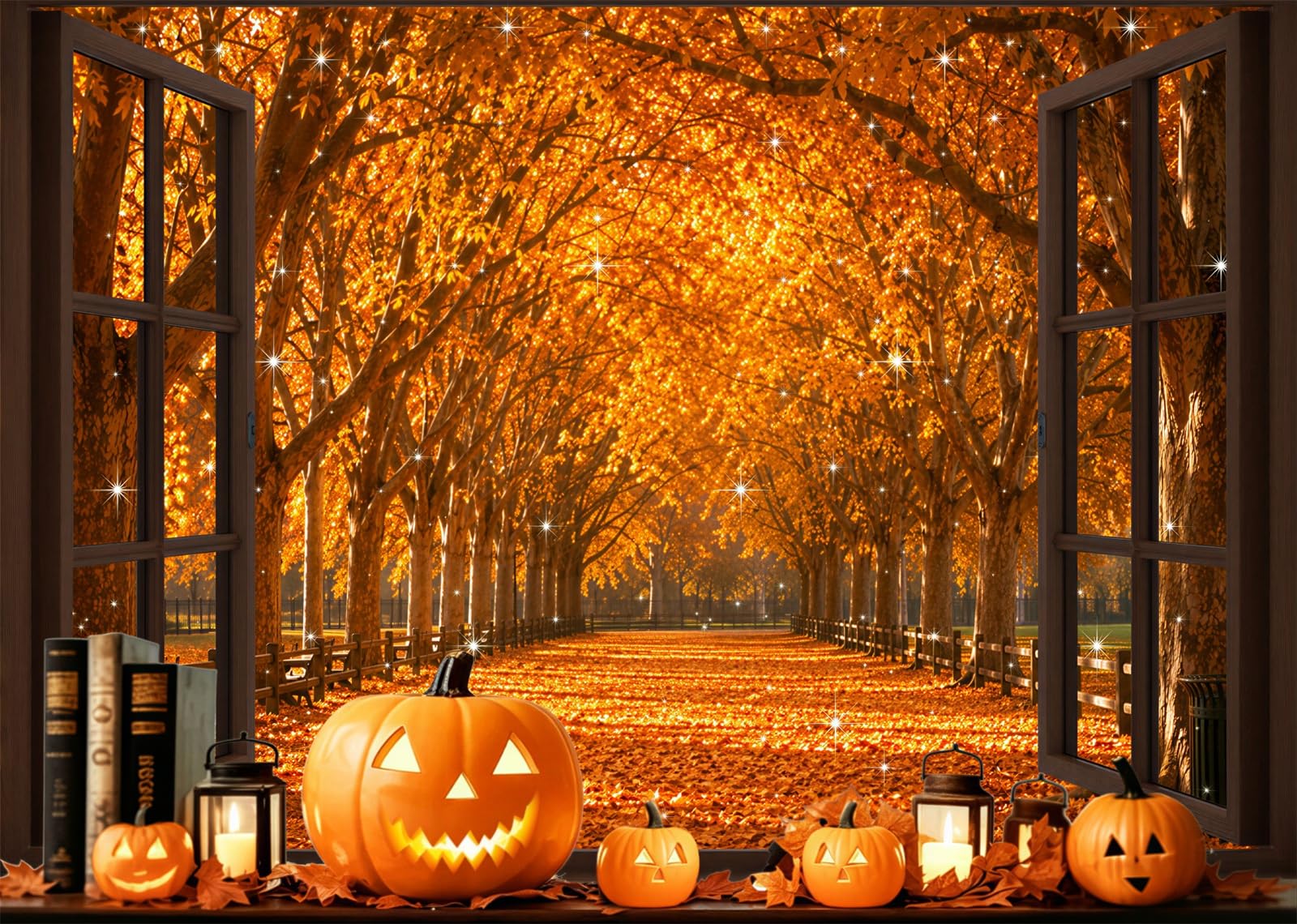 12x8FT (3.6x2.5m) Finestra Halloween Su Viale Autunnale Sfondo Fotografico | Vista Sul Bosco Illuminata Da Zucche Fondale In Tessuto,Cornici Scure Tunnel,Per Feste Halloween E Foto,Photo Booth