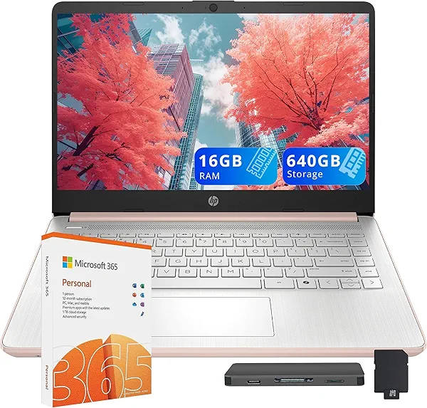 HP Stream 14" HD Laptop, Intel Processor N150, 16GB RAM, 640GB Storage(128GB UFS+512GB Docking Station Set), Intel Graphics, Webcam, Wi-Fi 6, 1 Year Office 365, Copilot, Fast Charge, Win 11, Gold