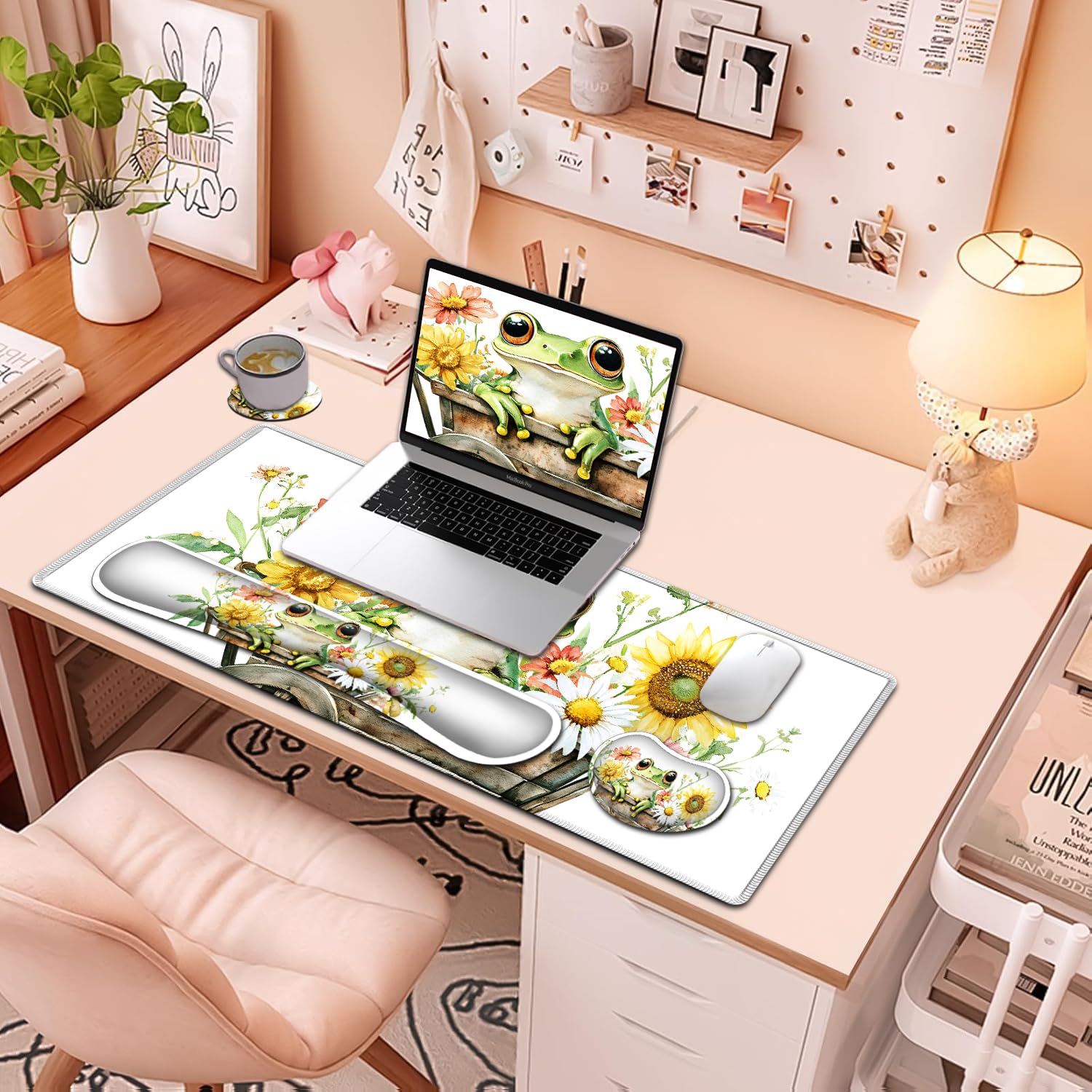 Großes Mauspad + Tastatur-Handgelenkauflage-Set, erweitertes Gaming-Mauspad (80 x 29 cm) mit rutschfestem Gummi, ergonomische Handgelenkauflage aus Memory-Schaum, Sonnenblume und Frosch