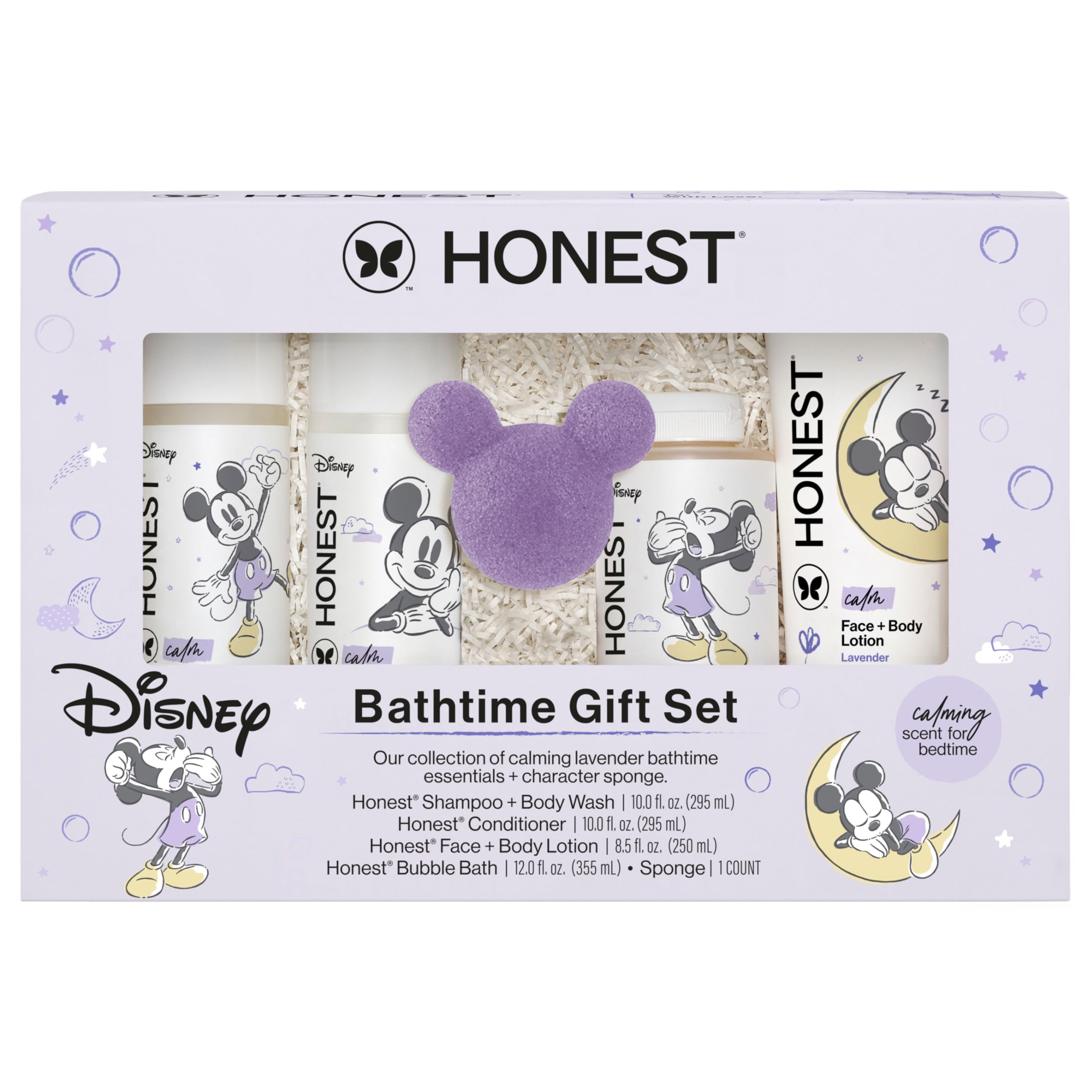 The Honest Company Calm Lavender Bathtime Gift Set, Disney Design, Hypoallergenic Bath for Sensitive Baby Skin, Shampoo Body Wash Face Lotion Bubble