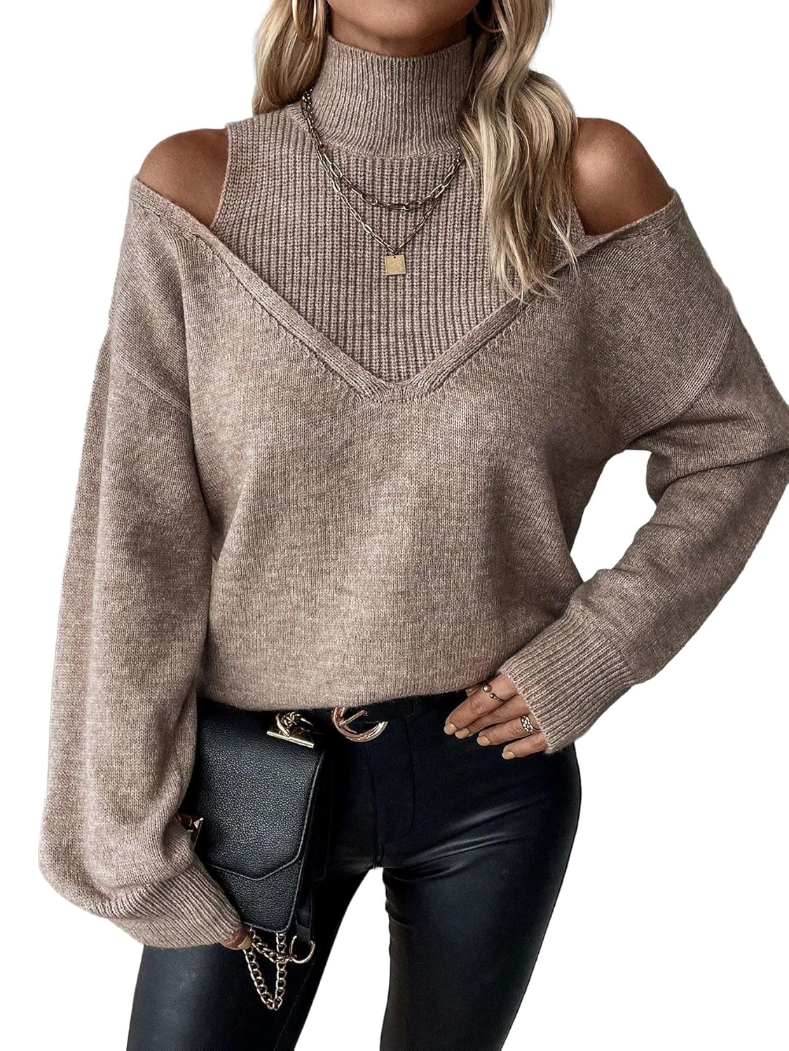 SISKIN Off Shoulder Sweater for Women Sexy V Neck Slouchy Womens Fall Oversized Sweater Cut Out Long Sleeve