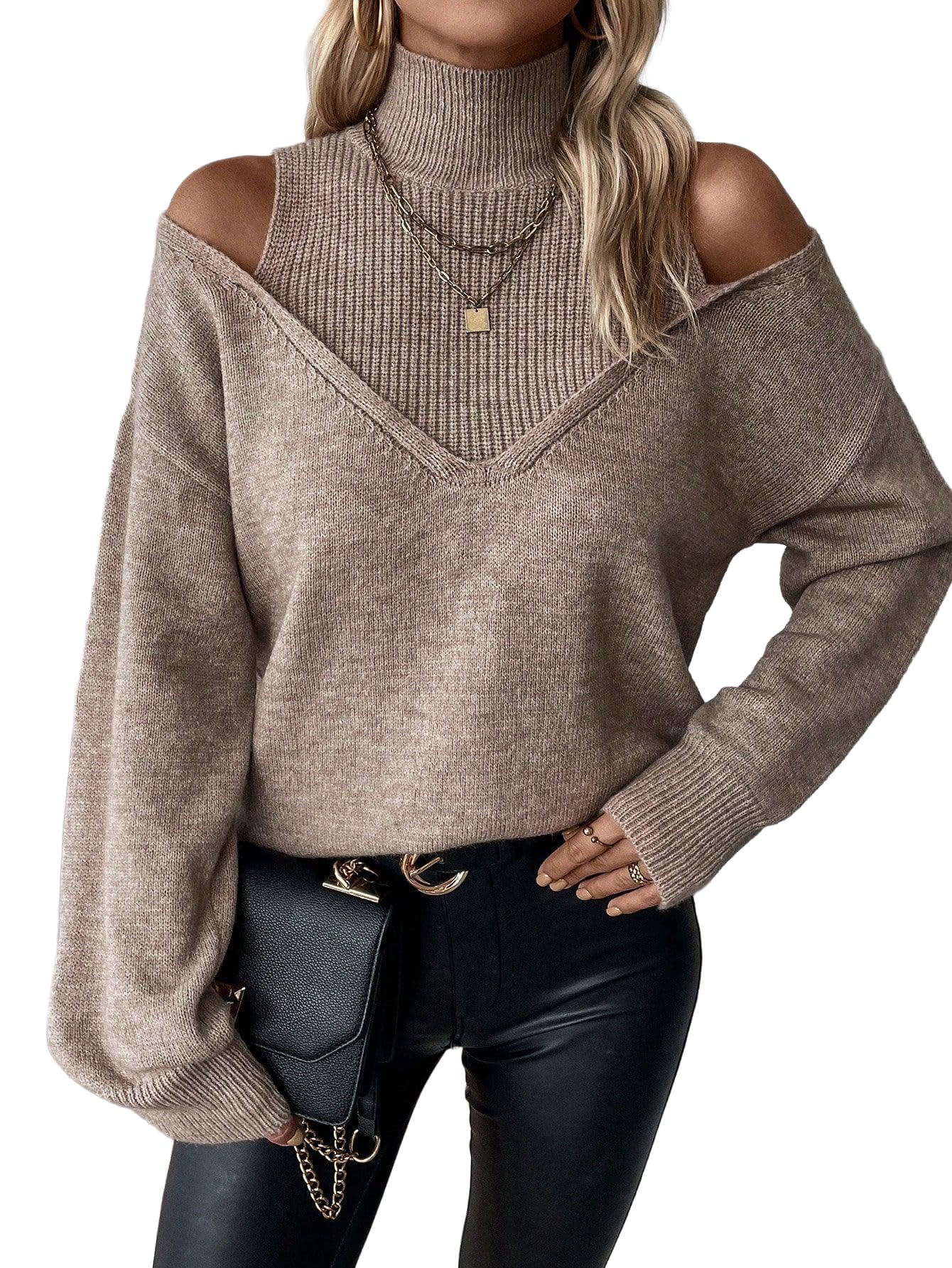 SISKIN Off Shoulder Sweater for Women Sexy V Neck Slouchy Womens Fall Oversized Sweater Cut Out Long Sleeve