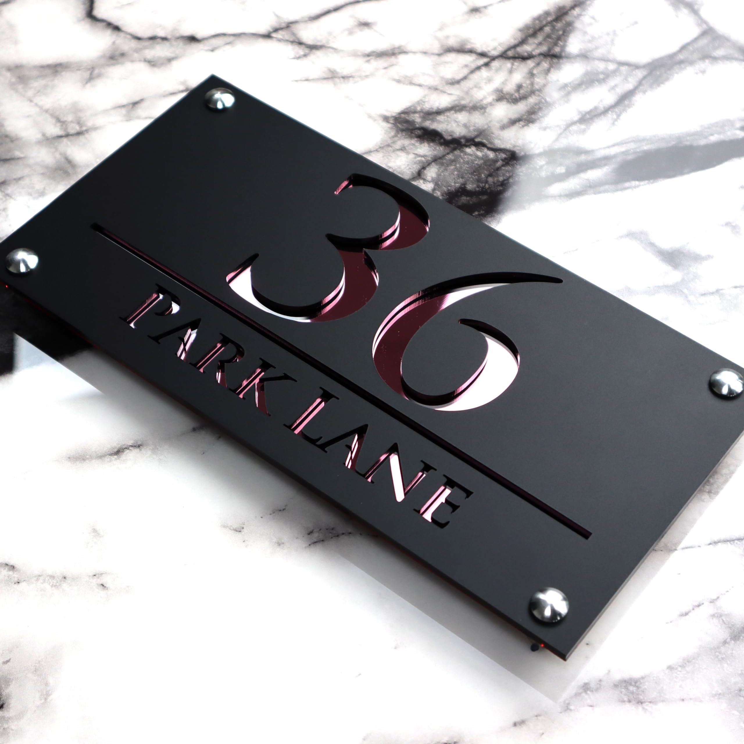 K SMART SIGN | LUXE H3 F32 | House Numbers Plaques House Numbers Door Laser Signs Number Name Personalised Plaques For Outside 3D Laser Cut acrylic Mirrored Marble (Matt Black & Rose Gold Mirror)