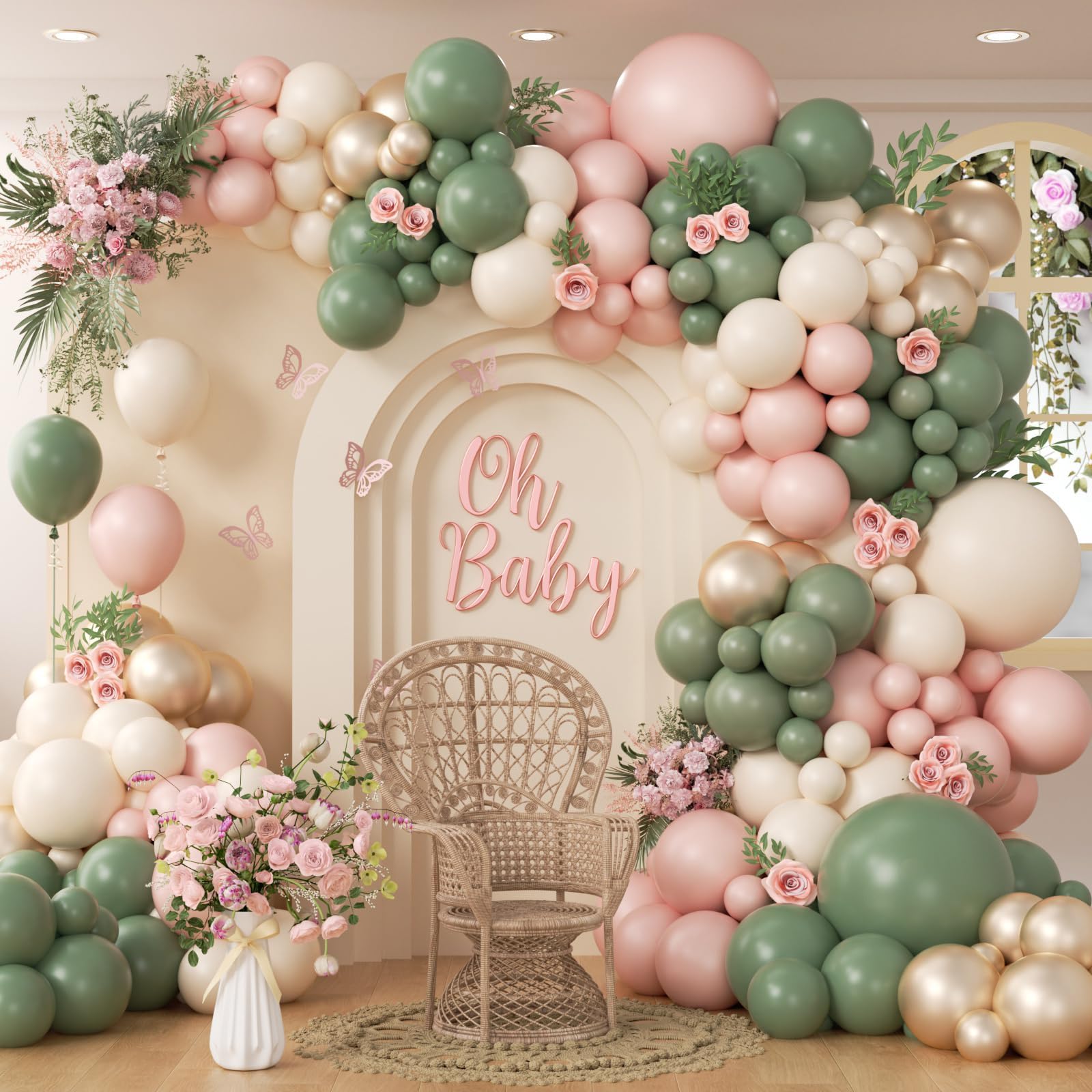 Photo 1 of 136pcs Pink and Green Balloon Arch Kit with Metallic Gold Sand White Sage Green and Pink Balloons for Boho Baby in Bloom Baby Bridal Shower Gender Reveal Birthday Party Decorations