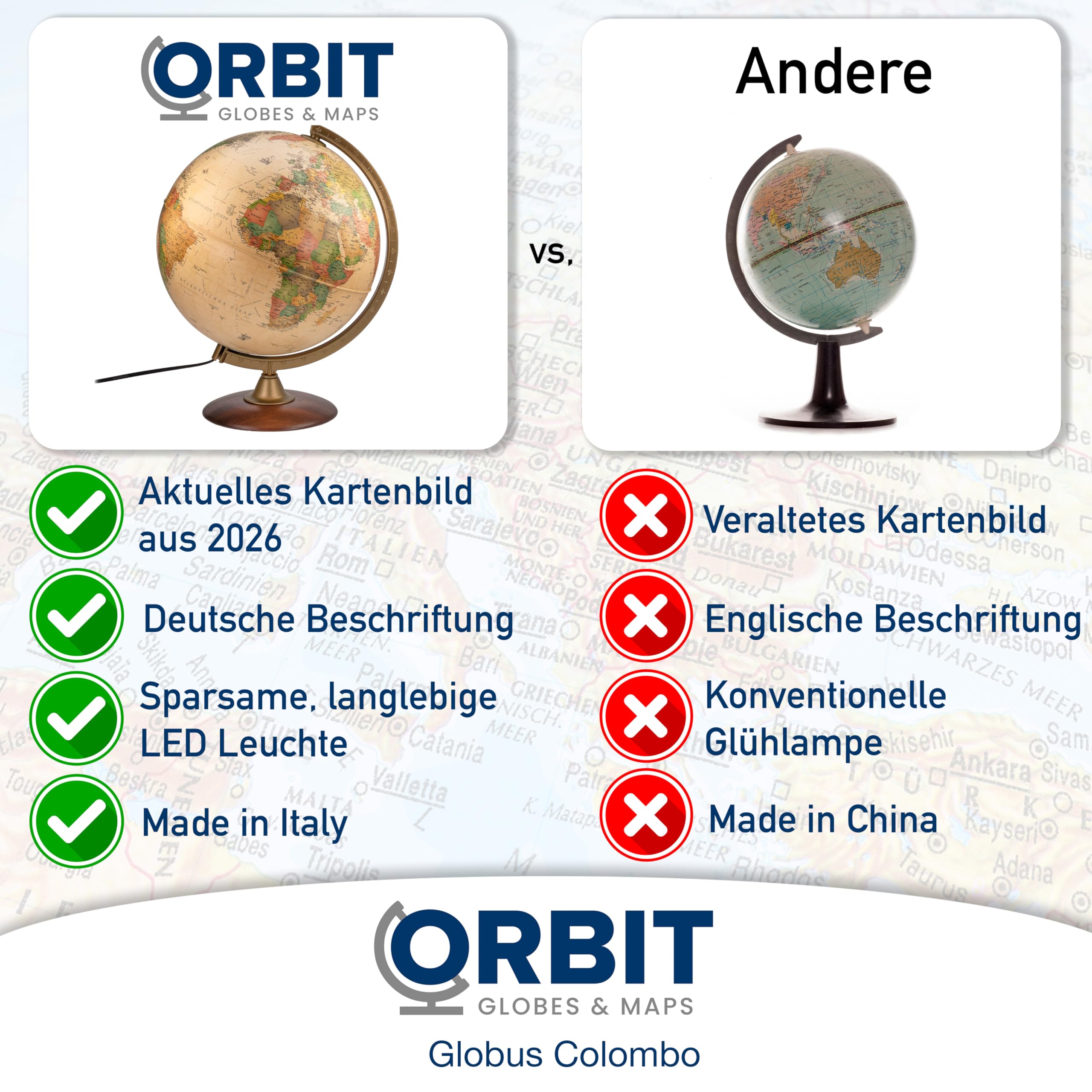 ORBIT Globes & Maps - Retro Leuchtglobus im antiken Stil - 30cm Vintage-Globus mit stabilem Standfuß, Kartenbild 2026 politisch mit LED Leuchte, aktuelles deutsches Kartenbild