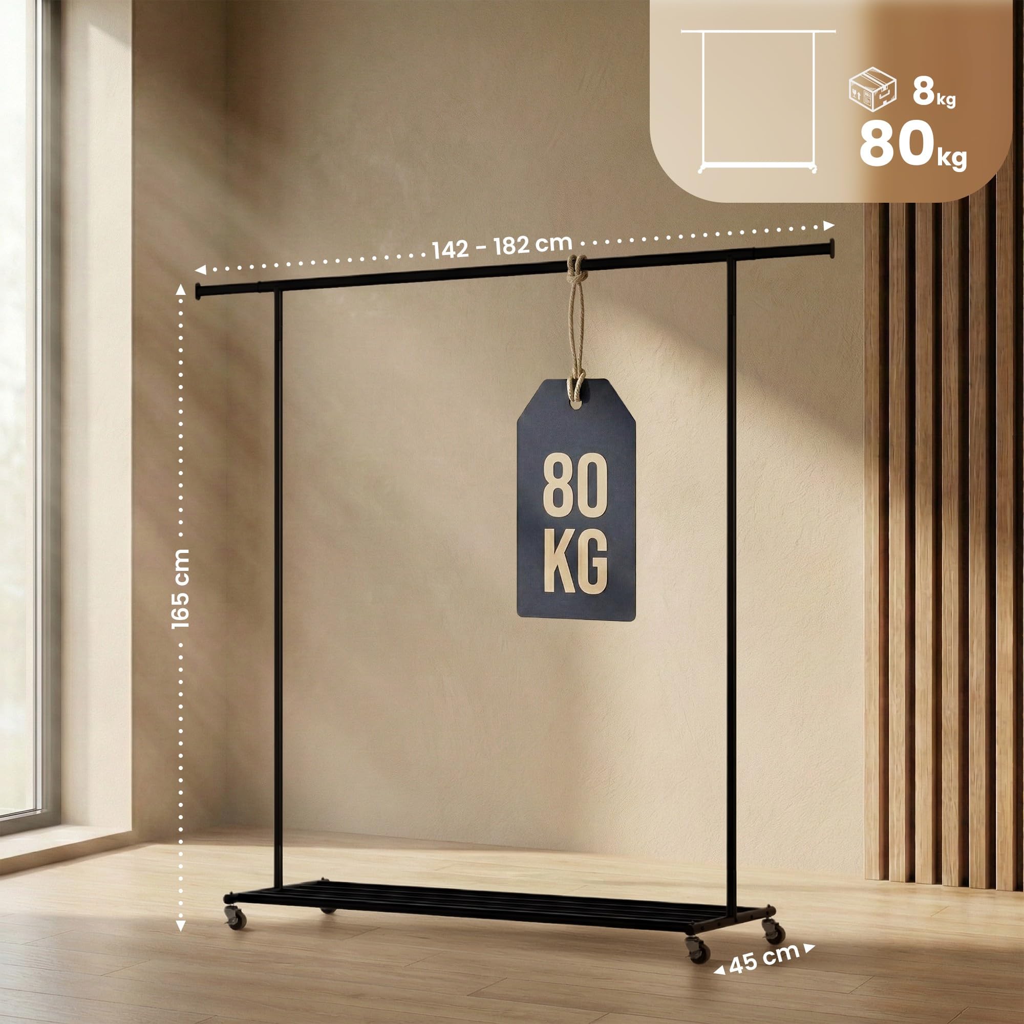 CLP Appendiabiti con ruote Bernis, guardaroba in metallo estensibile, barra robusta fino a 80 kg con ripiano portascarpe, Dimensione:XL