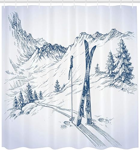 Miniatura 2 de Ambesonne Cortina de ducha de invierno, gráfico esbozo de elementos de esquí de descenso en la nieve, vista tranquila, juego de decoración de baño