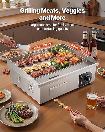 Miniatura 2 de VEVOR Plancha eléctrica comercial, 21 x 11.8 pulgadas, 1750 W, control de temperatura ajustable de 122-570 F, parrilla superior plana de acero