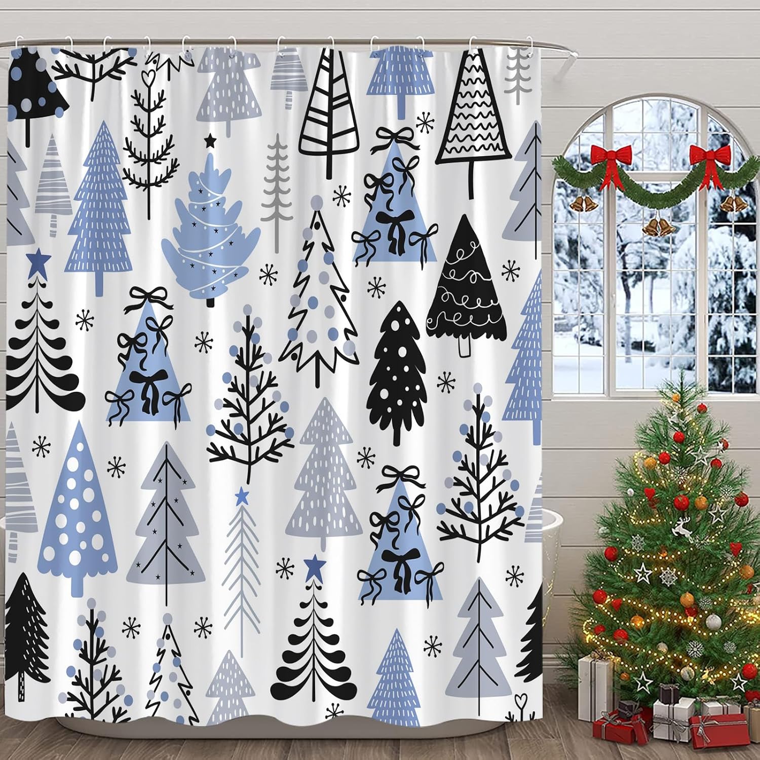 GCTNBJL Christmas Shower Curtain Xmas Tree Snowflake Winter Blue Black Gray Extra Long Bathroom Home Curtain with Hooks,70x84 Inch