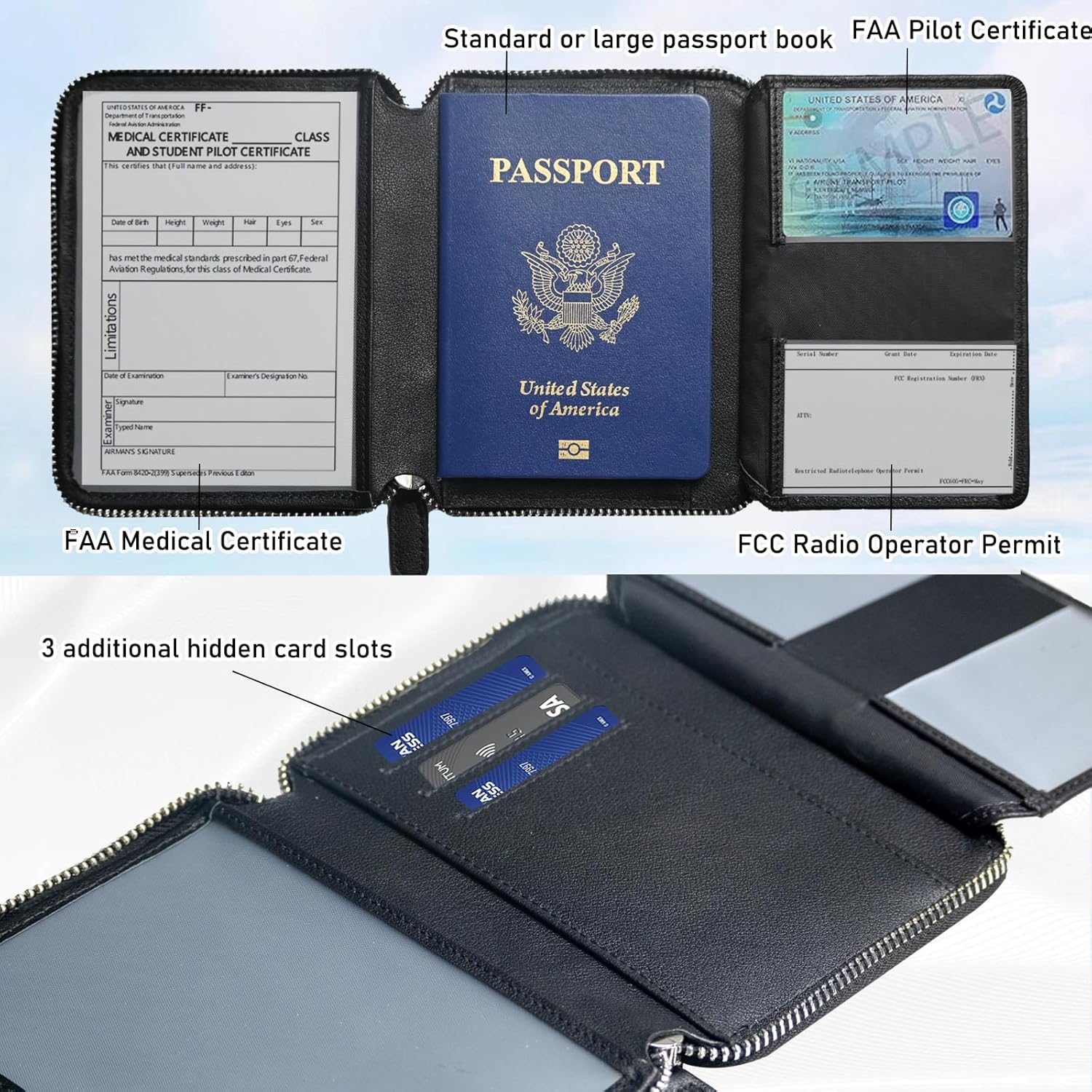 Pilot Wallet Passport Holder RFID Blocking Nappa Leather Travel Wallet, Stylish Travel Companion for Aviation Professionals (Black Silver)