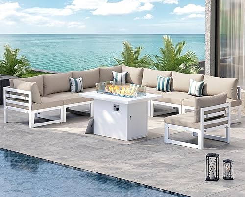 Miniatura 751 de NICESOUL 7 Piece White Powder-Coated Aluminum Patio Furniture with Fire Pit Table, 29 Inch Extra Wide Outdoor Sectional Sofa for 6, High-End Heavy