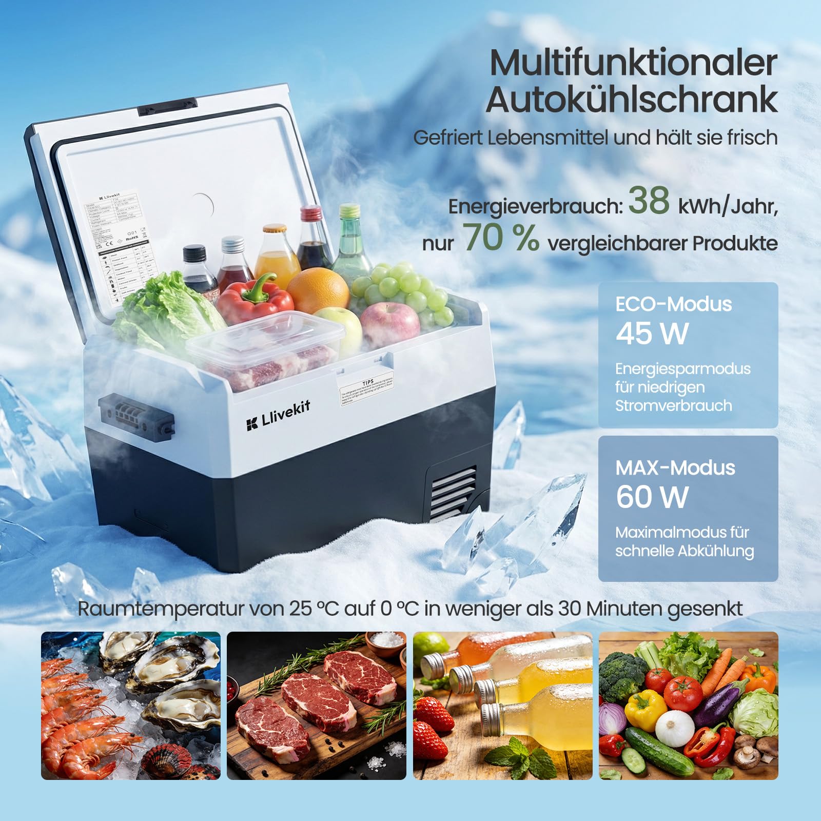 LLIVEKIT 40L Kompressor Kühlbox, -20~20°C, Tragbarer Kühlschrank, 12/24V DC | 100-240V AC, mit Beleuchtung, für Auto, LKW, Camping, Boot, Zuhause, AC und DC-Kabel, Schwarz