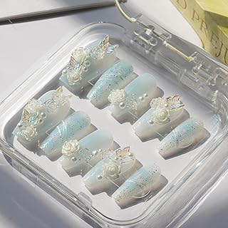 Coffin Shaped Luxury Press on Nails - Sea Salt White Tea | Ballerina Artificial False Nails, Glossy Blue Fake Nails with 3D Flowers & Pearls, Salon Quality Reusable Nails Kit (Size M)