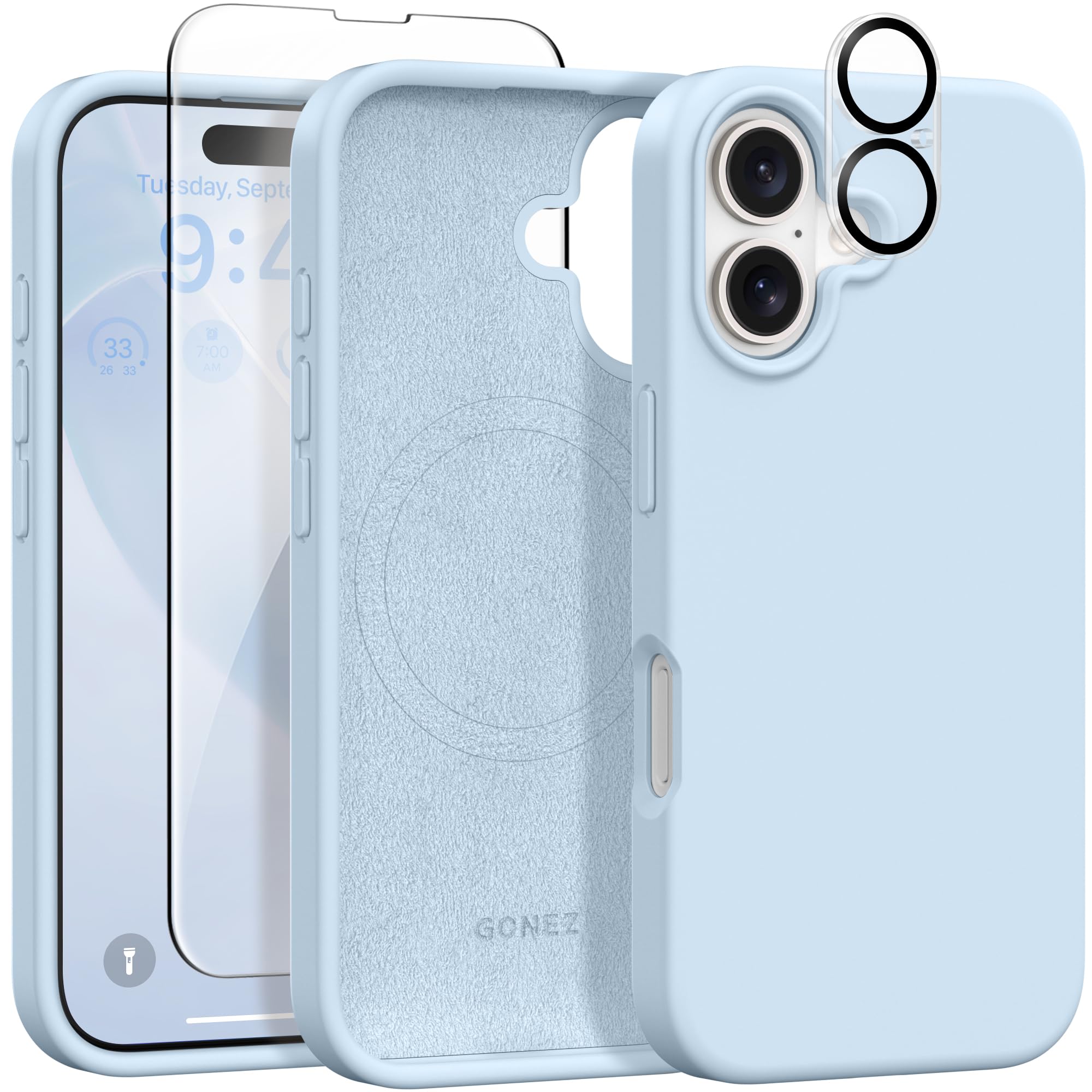 GONEZ - Funda magnética para iPhone 16, compatible con MagSafe, [protector de visualización + protector de lente de cámara], funda protectora de silicona a prueba de golpes, antiarañazos, 6.1