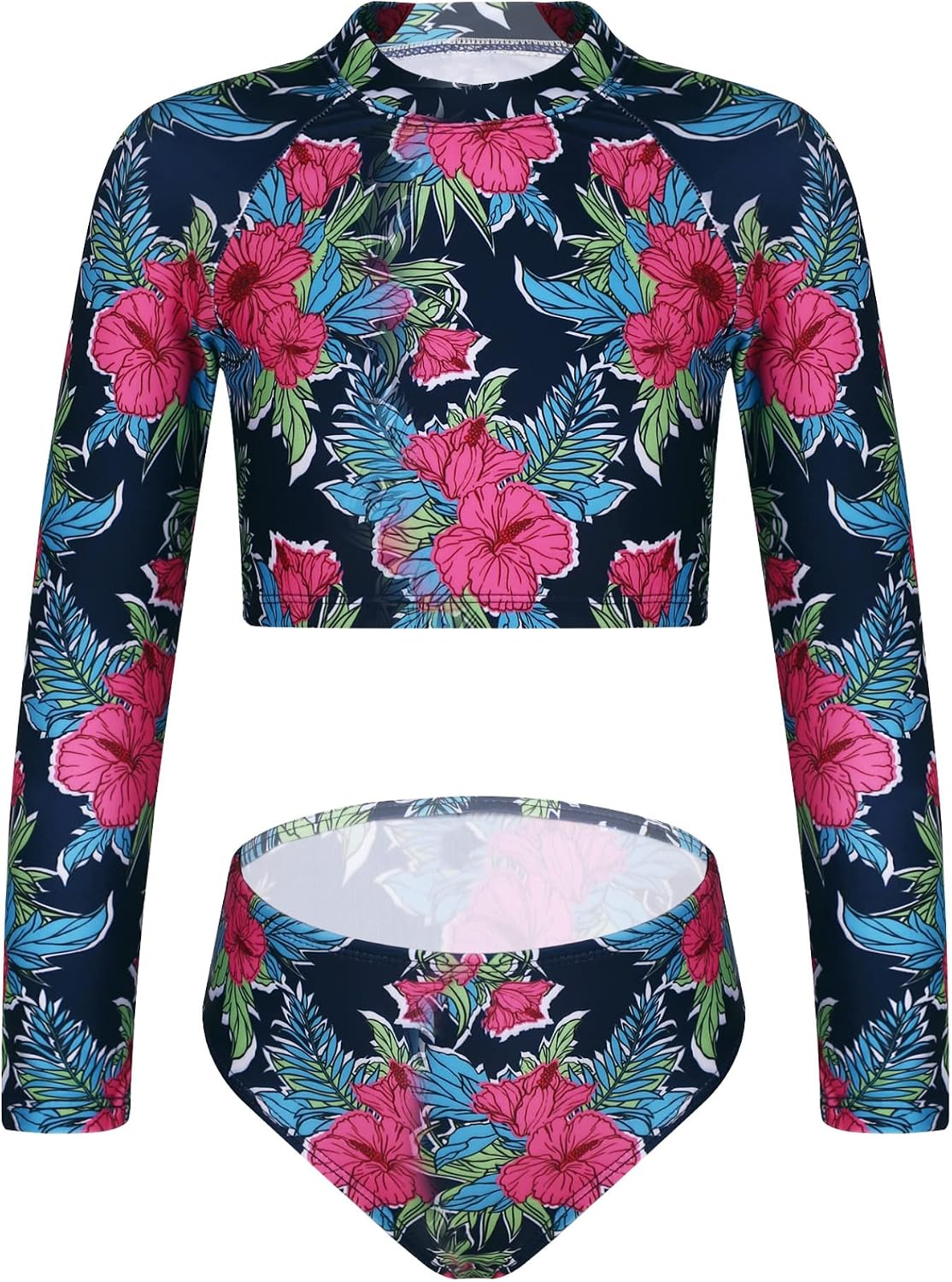 Kids Girls 2 Pieces Tankini Swimsuit Rash Guard Long Sleeve Swim Shirt with Bikini Briefs Swimwear Navy 4 Years