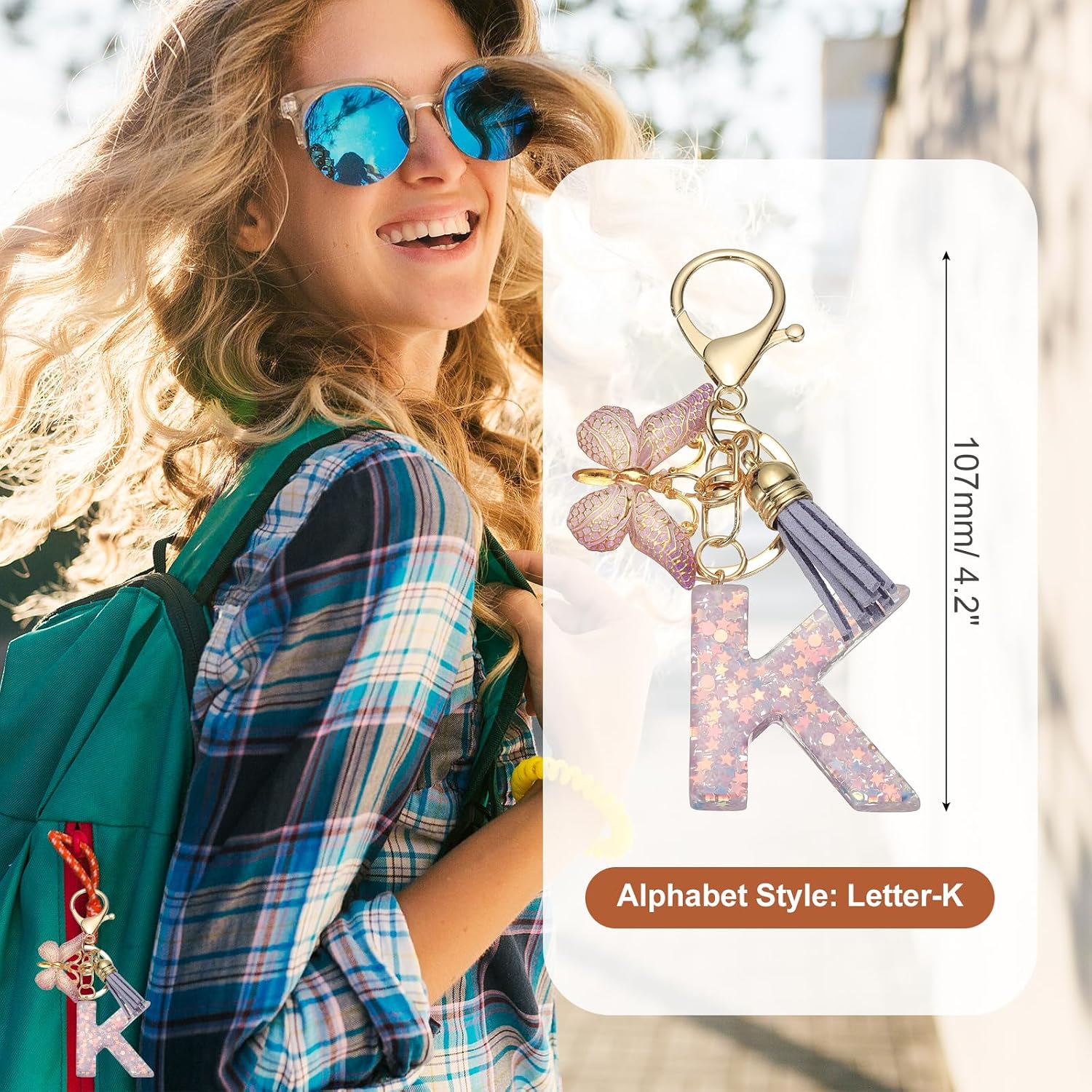 MECCANIXITY Initial Letter Keychain, Cute Tassel Butterfly Keychain Letter Charm for Women Girls Key Purse Handbag