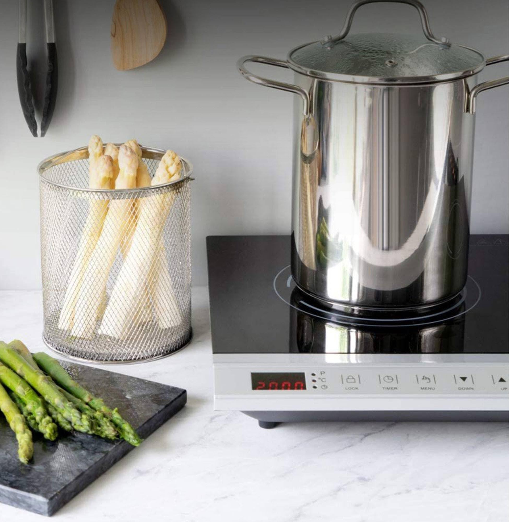 Well Home Casserole à asperges en acier inoxydable Ø16 x 21 cm de fond encapsulé et couvercle en verre