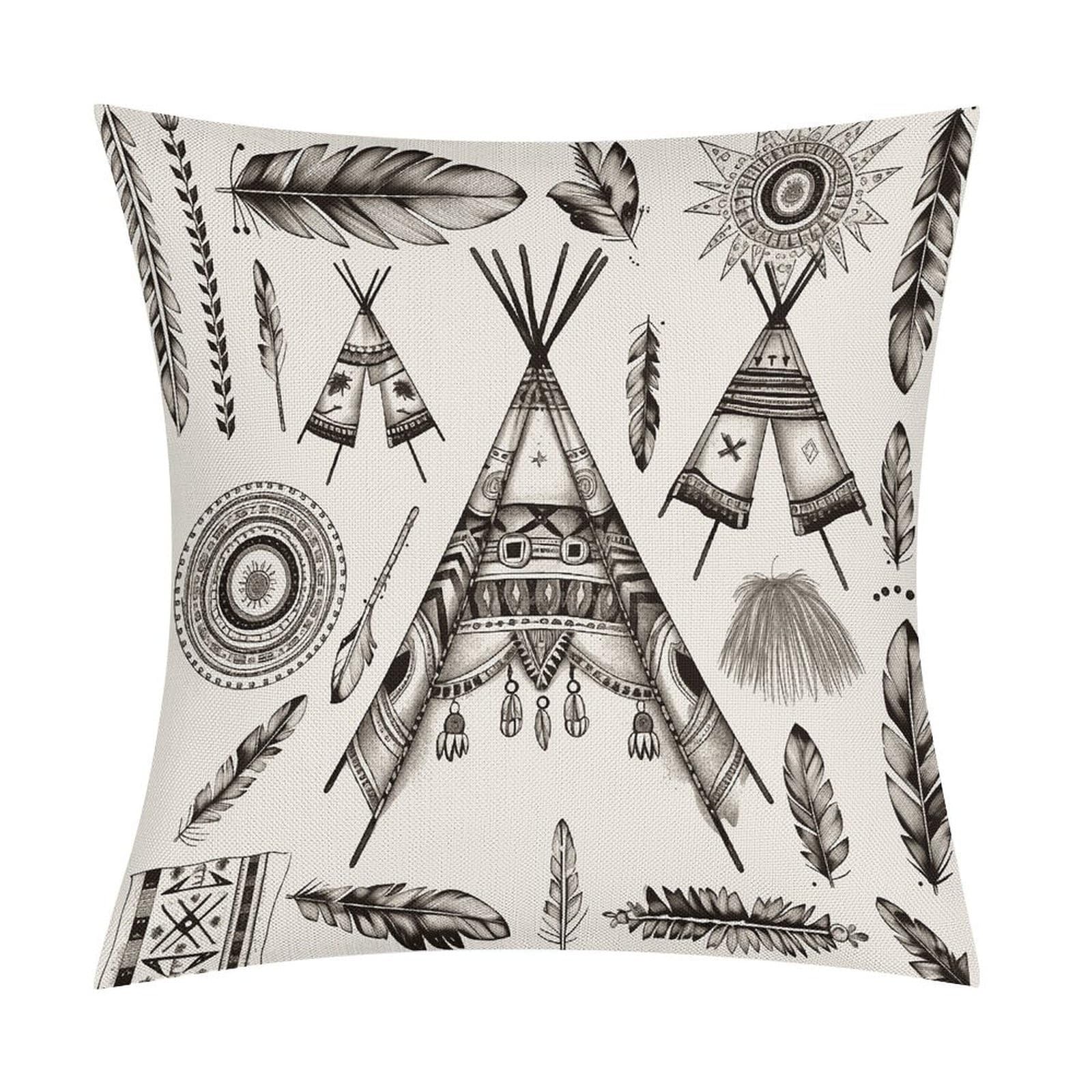 Fodpand Style Feather Head Band Teepee Tent Pillow Covers 18X18 Inch, Pillow Cases Boho Farmhouse, Throw Pillow Covers For Couch Sofa Bed Spring Home Decor