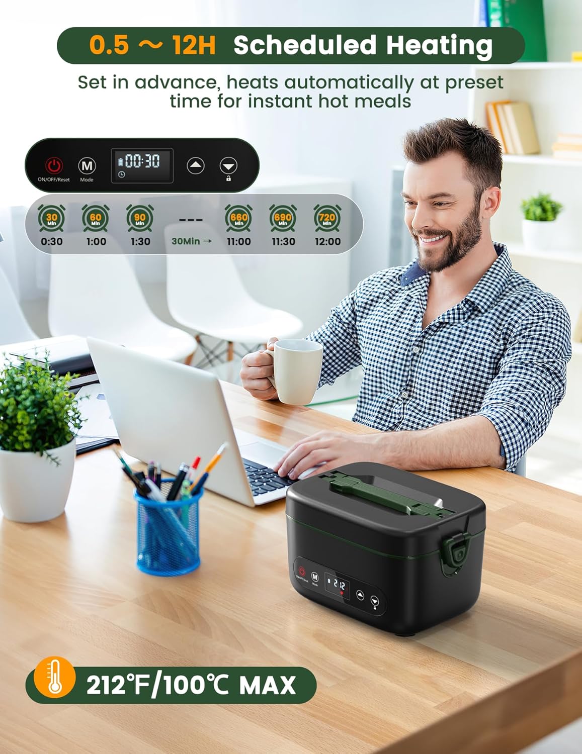 Cordless Electric Lunch Box, 1.2L Battery Powered Heated Lunch Box – 100W, 24000mAh Rechargeable Portable Self-Heating Food Warmer with 5-Sided Automatic Heating for Outdoors, Truck, Office, BPA-Free