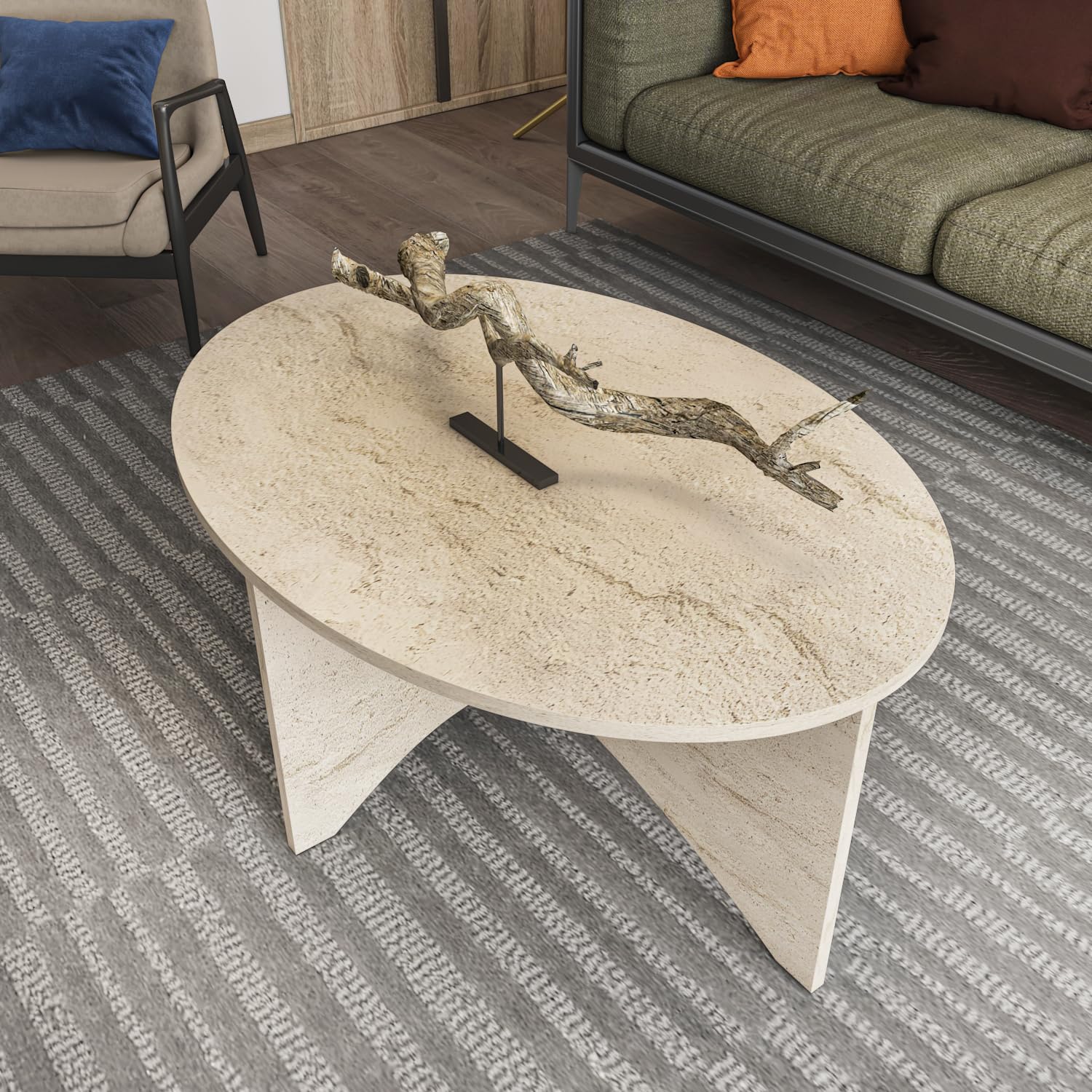 DECOROTIKA Solo Table Basse Ovale 100 cm | Design Minimalist | 42 cm Hauteur (Travertine)