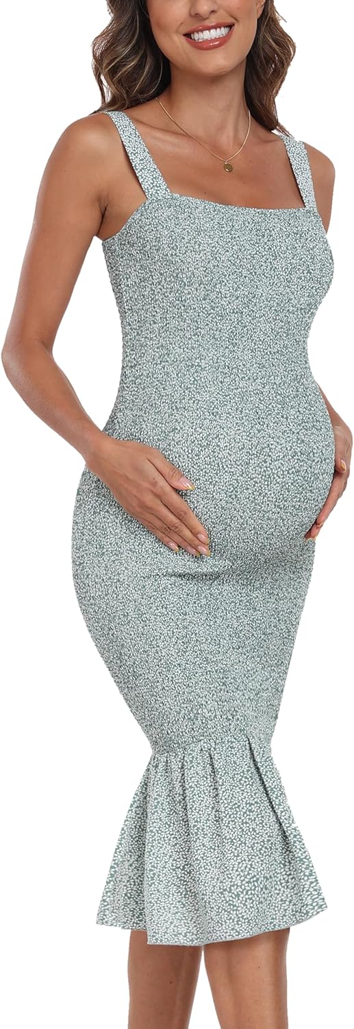 Summer Tank Maternity Dress Sleeveless Strappy Floral Midi Bodycon Square Neck Ruffle Mermaid Smocked Dress for Baby Shower - Image 4