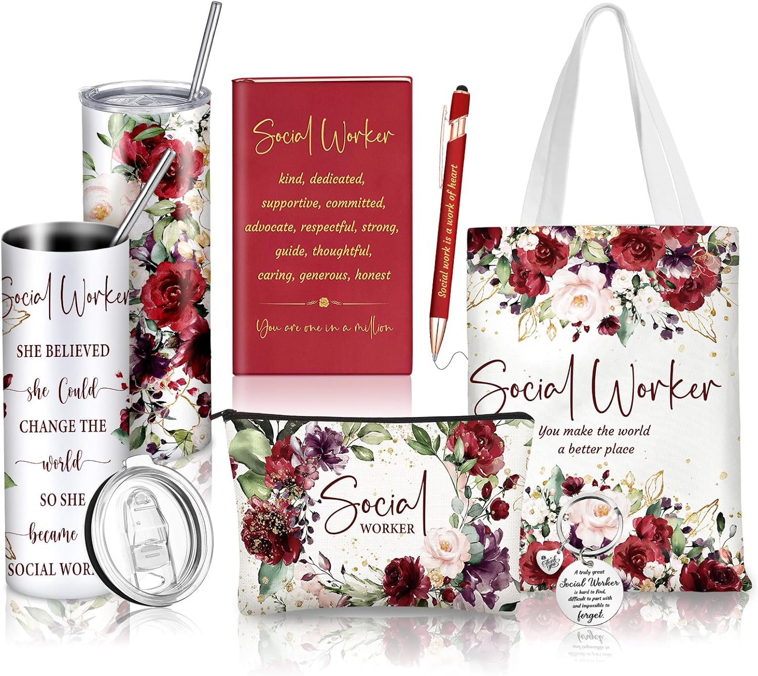 6 Pcs Social Worker Appreciation Month Gifts Include 20 Oz Tumbler Canvas Bag Notebook Pen Social Worker Must Haves for Bsw Msw Dsw Lcsw Coworker Volunteer Office Supplies(Vintage Style)