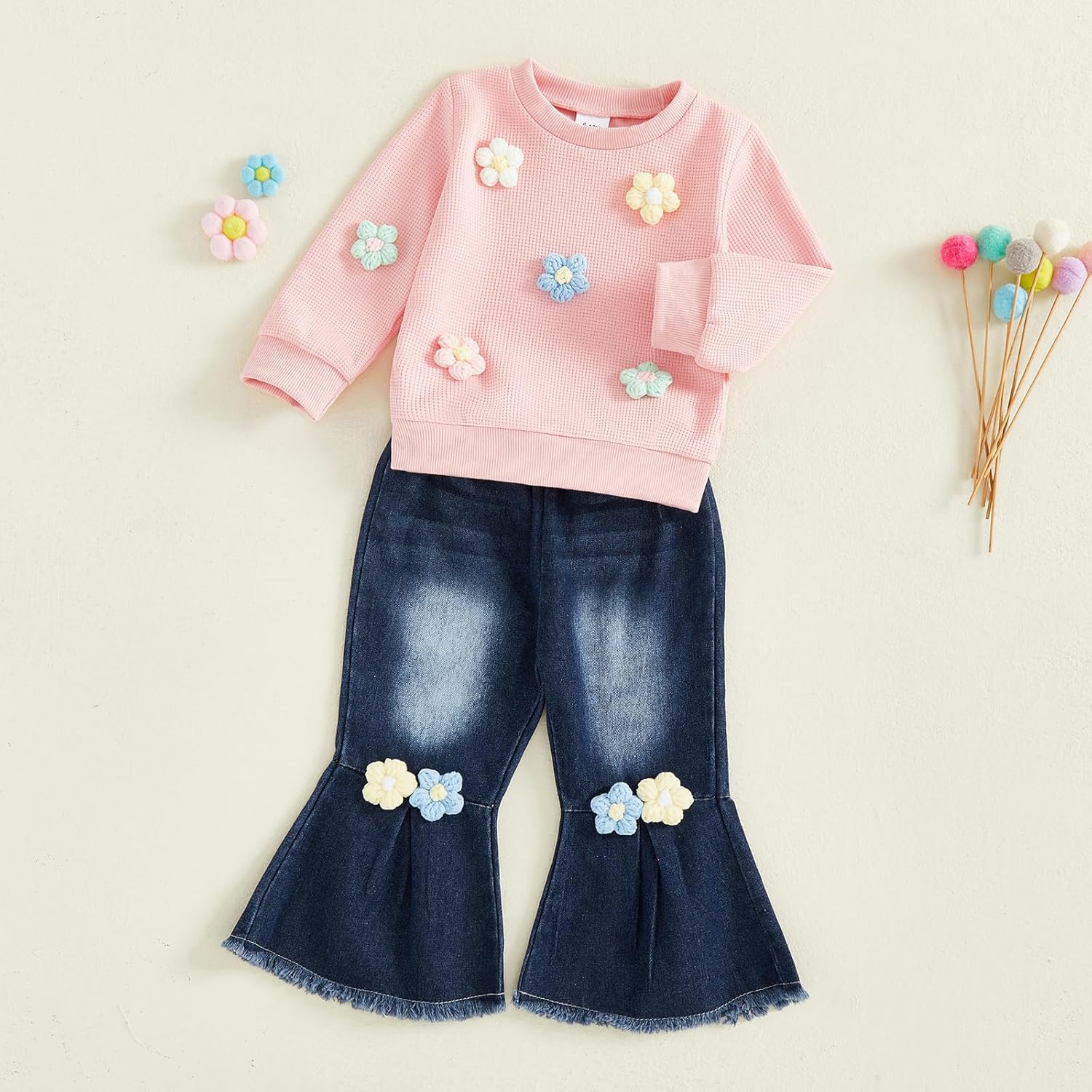 FYBITBO Toddler Baby Girl Clothes Fall Winter Baby Girl Outfit Floral Crewneck Sweatshirt Bell Bottom Jeans Pants Set - Image 2