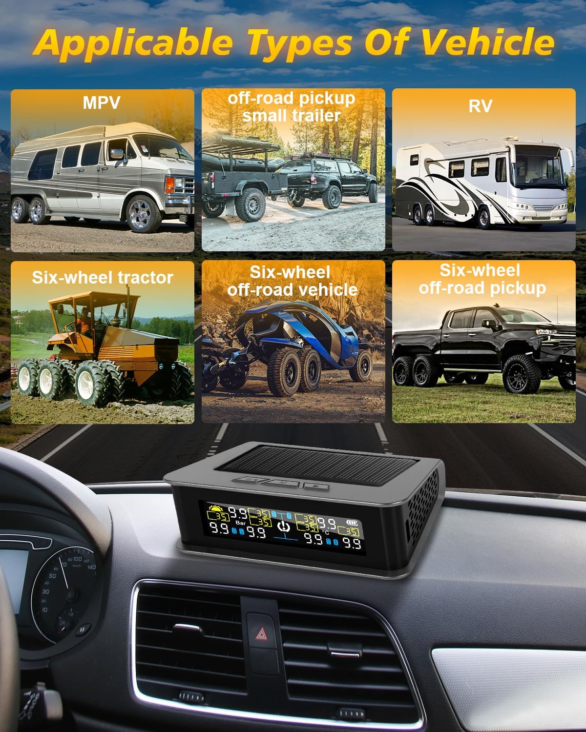 RV Tire Pressure Monitoring System With Solar Charge And USB, Tire Pressure Monitor 6 Sensors and 6 Alarm Modes Real-time Color LCD Display Wireless TPMS for RV Dually Trucks Heavy-Duty Trailer