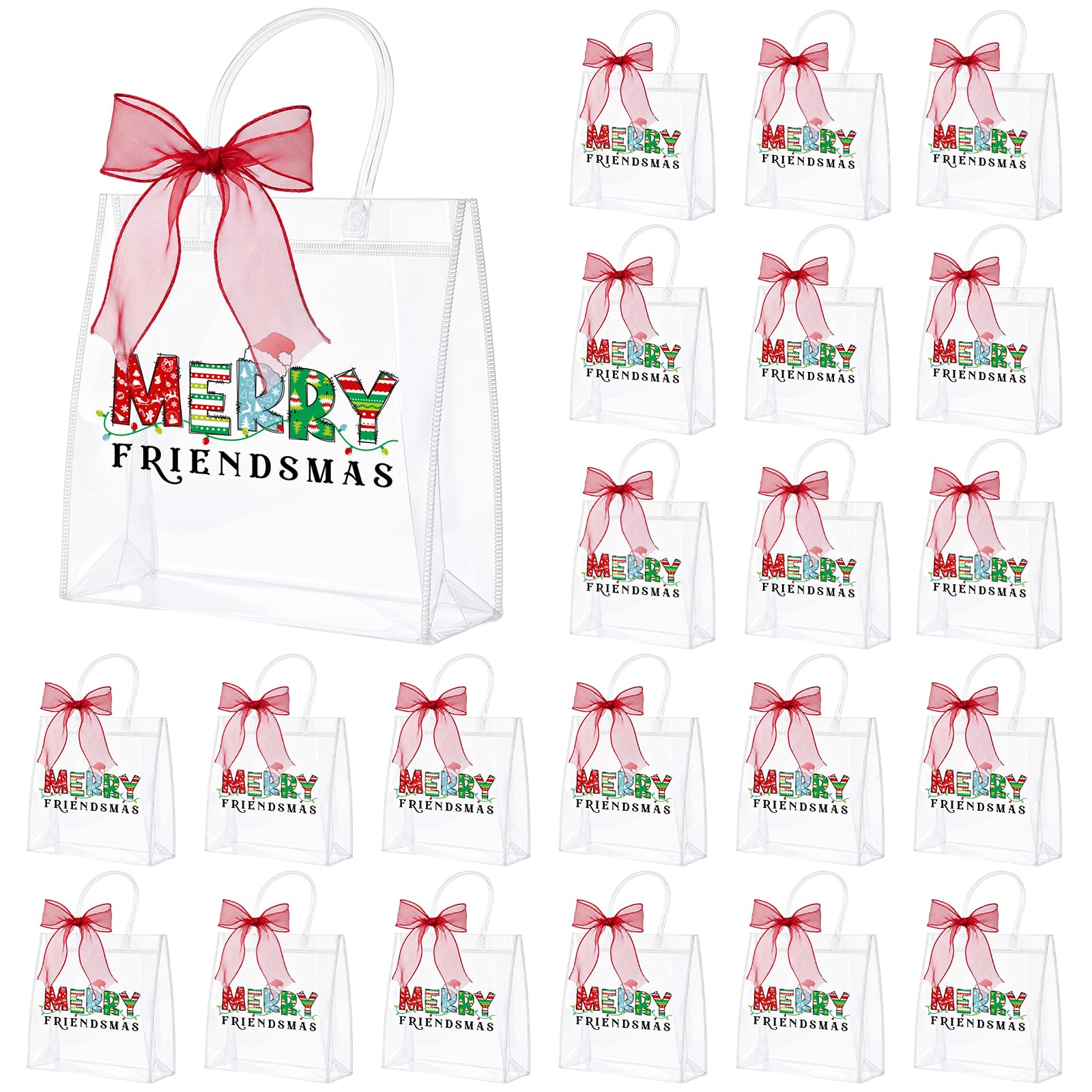 Cosblank 24 sacchetti regalo in PVC con scritta "Merry Friendsmas", trasparenti, con manico e rotolo di nastro, colore rosso e verde, per feste di compleanno