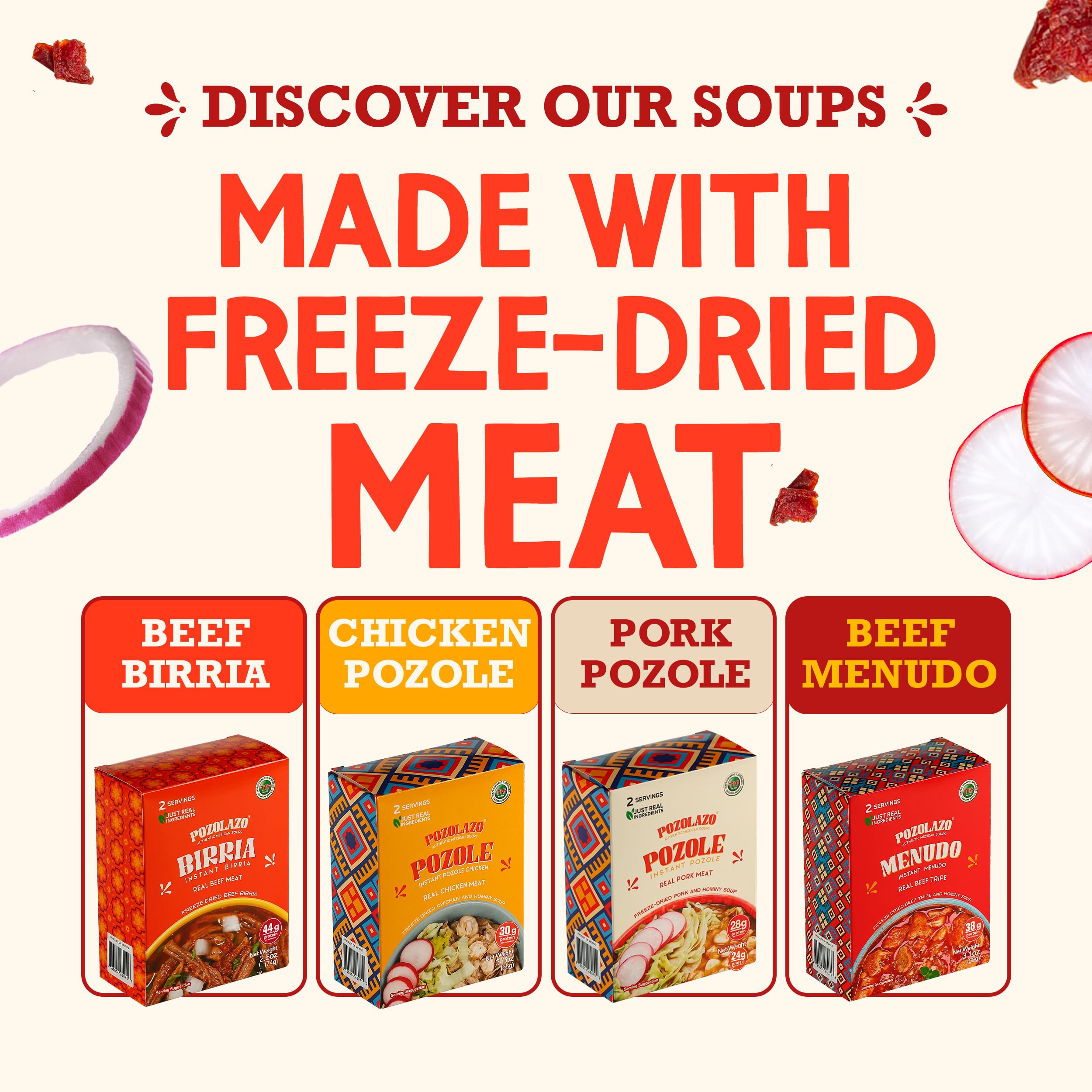 POZOLAZO | Instant Birria Soup | Mexican Beef Stew | Real Freeze-Dried Meat | 2-Serving Box | Authentic Red Chile Broth & Spices