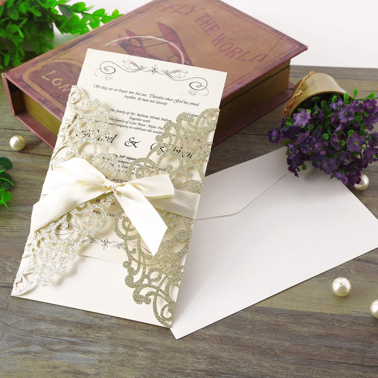 Hosmsua 20pcs taglio Laser inviti di nozze, Champagne inviti da matrimonio carta con Nastro Pizzo Flora Design per la festa di compleanno di festa di compleanno inviti di nozze (20pcs)