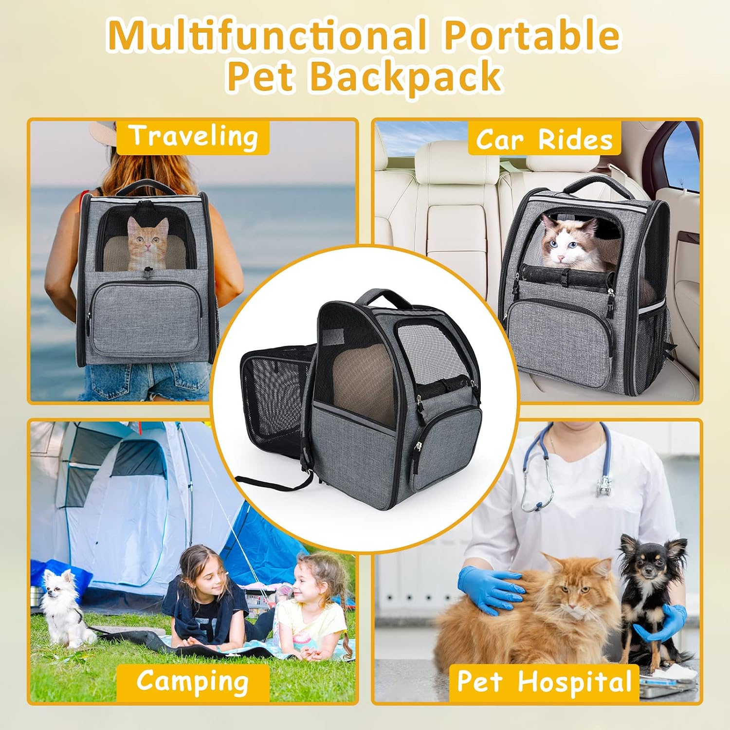 JOYO Cat Backpack Expandable, Cat Backpack Carrier for Hiking Camping&Outdoor Use, Foldable Cat Travel Backpack with Inner Safety Straps, Breathable Mesh for Small Dogs Cats Rabbits Under 14lb, Grey