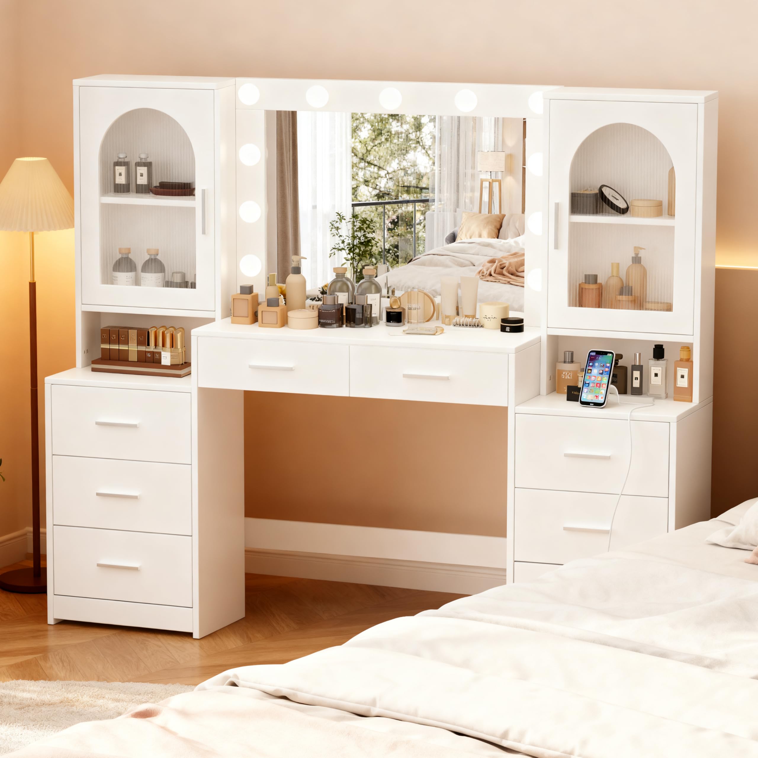Rovaurx 62" Large Vanity Desk with Mirror, Lights and Power Outlet, Makeup Vanity Table with 10 Drawers, Opening Shelves, Bedroom Dressing Table, White RSZT113W