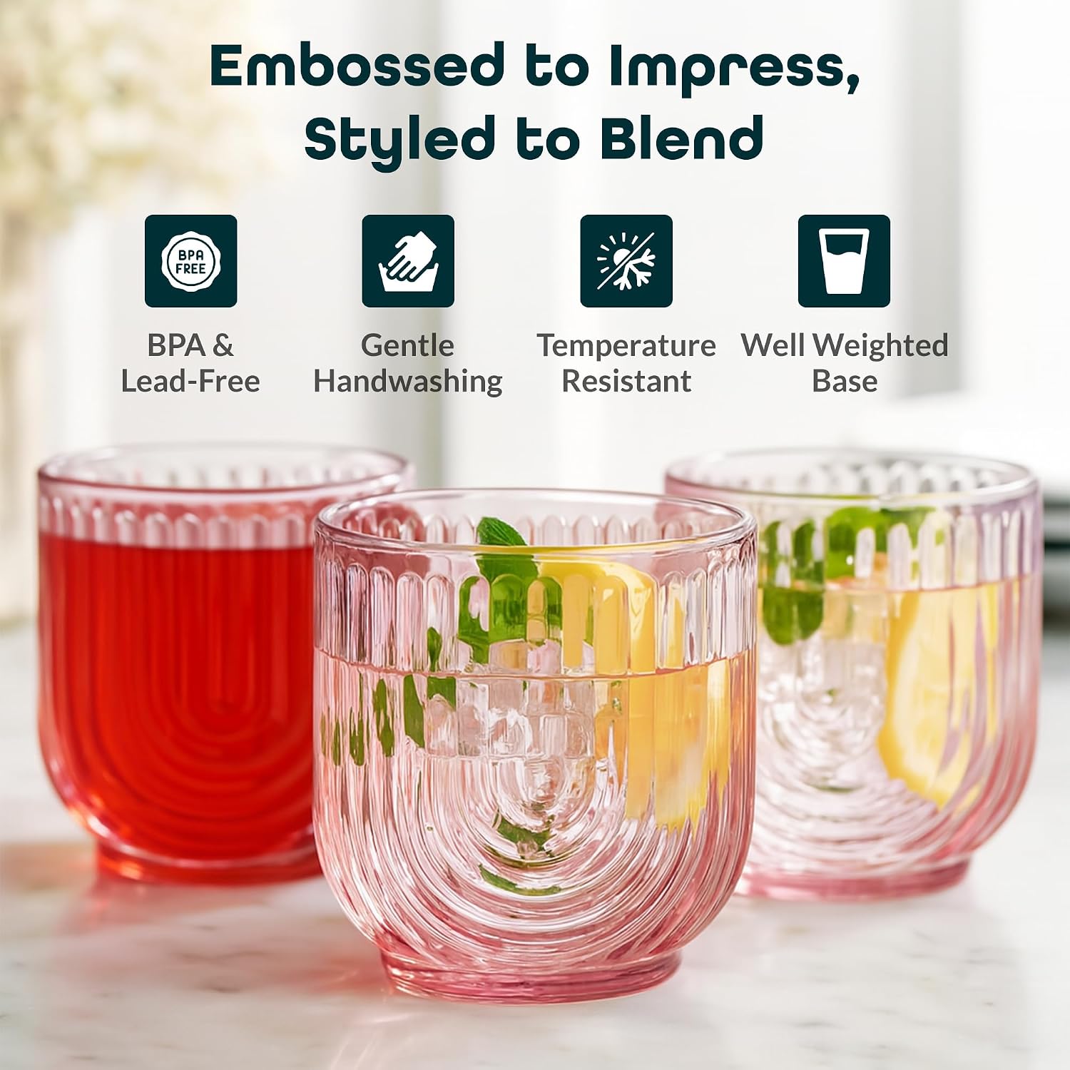 Glaver's Vintage Glassware Art Deco Glasse Ribbed Drinking Glasses U-Shape Arch Design Colored Cocktail Kitchen Tumblers Everyday Dinner Decorative Party HandWash Only (Pink S/4 11oz) image 5