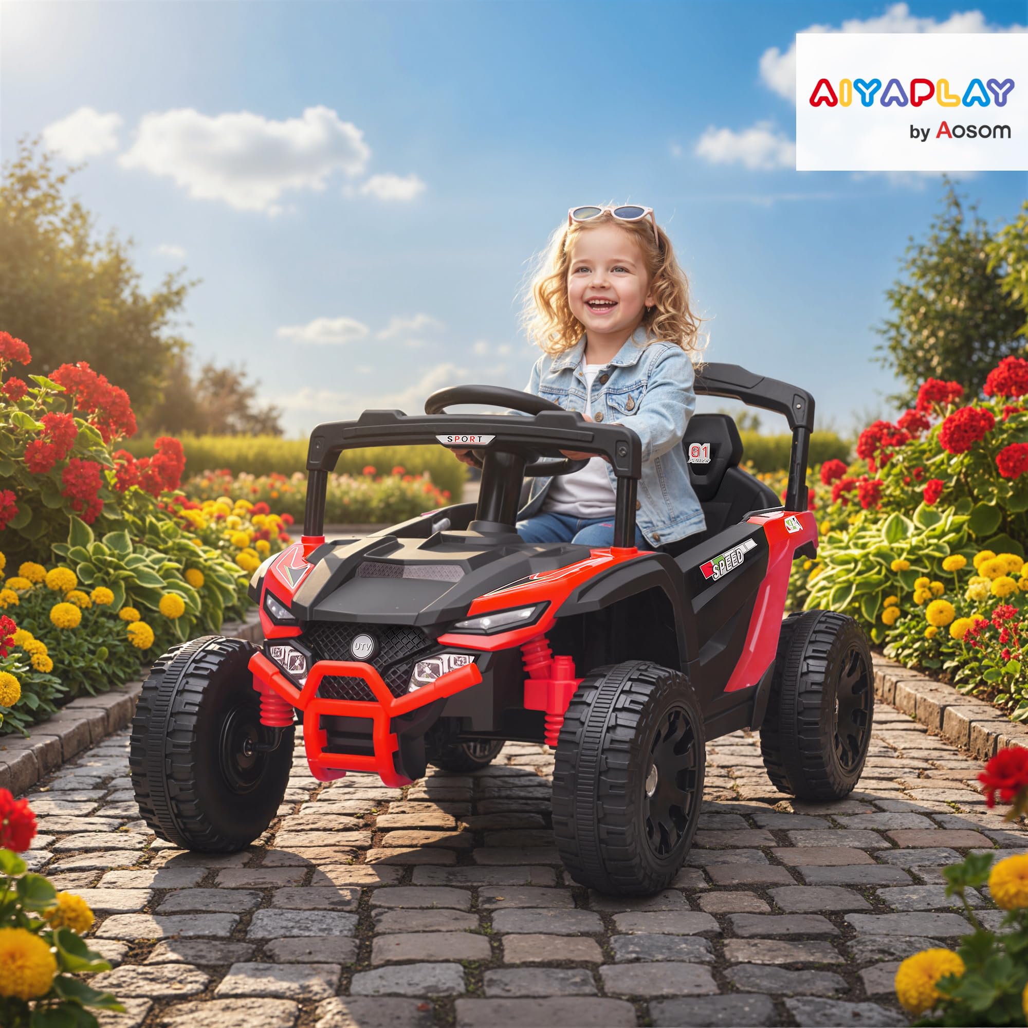 AIYAPLAY Voiture Électrique Enfant UTV, 12 V à 2 Moteurs 3-8 Ans Rouge | Buggy Électrique Enfant, avec Télécommande, Phares LED, Musique et Klaxon