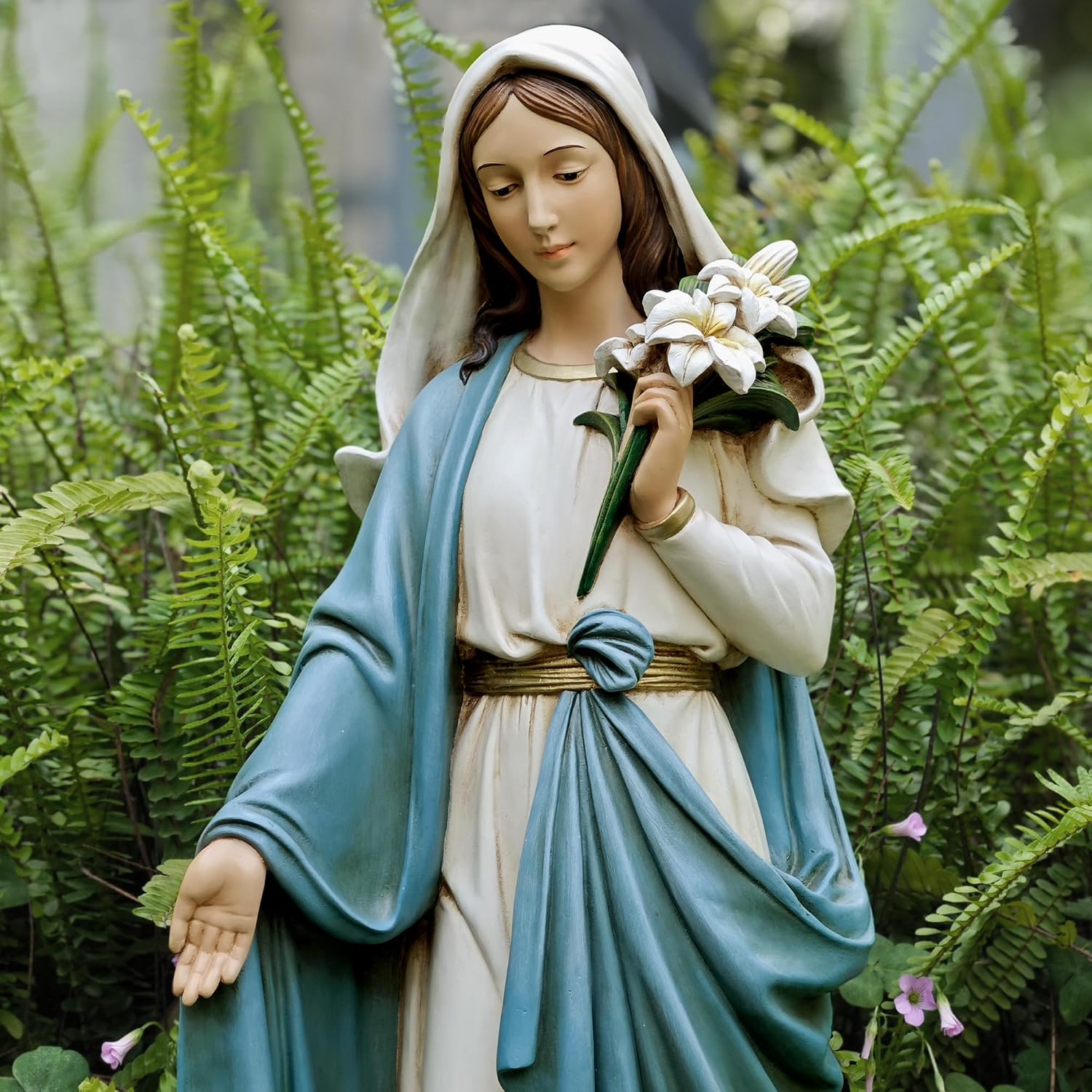 Virgin Mary Garden Statue, 24 Inches Saint Mary Holding Lilies Outdoor Sculpture, Blessed Virgin Outdoor Statue for Home Yard Patio Lawn Hallway Decor