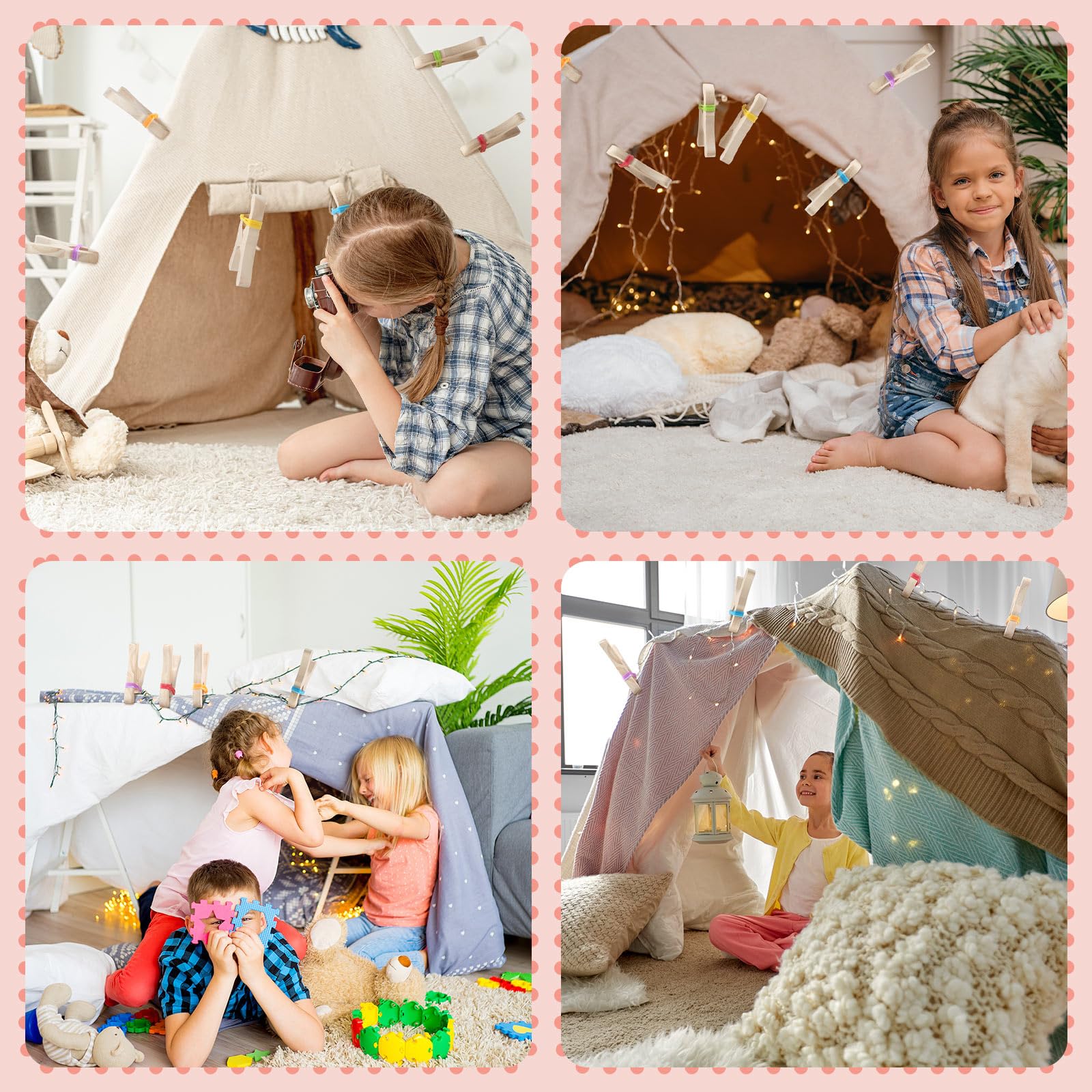 Juego de 6 clips de madera para niños, Montessori y Waldorf, kit de construcción de fortalezas de seda gigantes de madera hechos a mano para mantas, construcción de seda (multicolor) 5