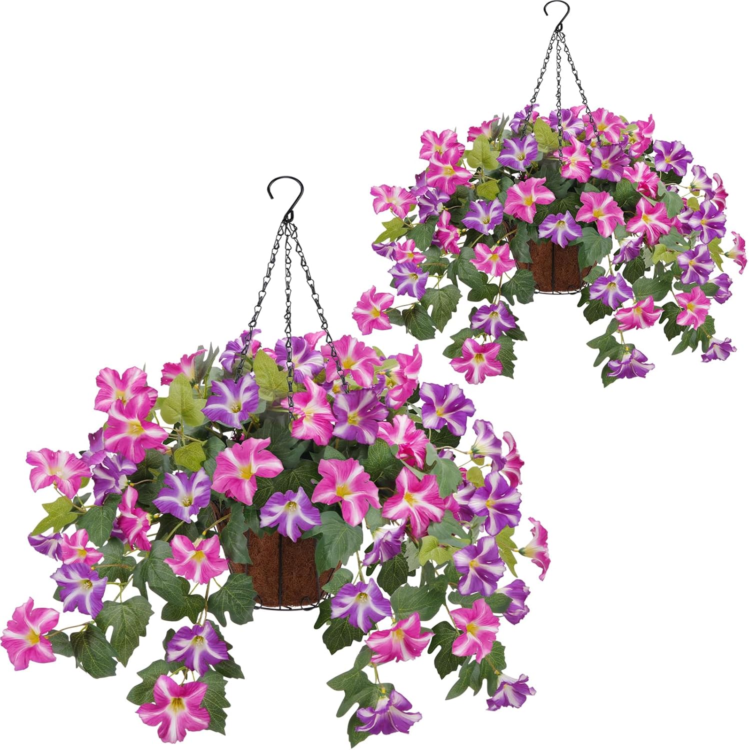 2 Set Artificial Hanging Flowers with Basket for Outdoor, Faux Hanging Plants UV Resistant Morning Glory for Porch Patio Garden Balcony Yard Decoration