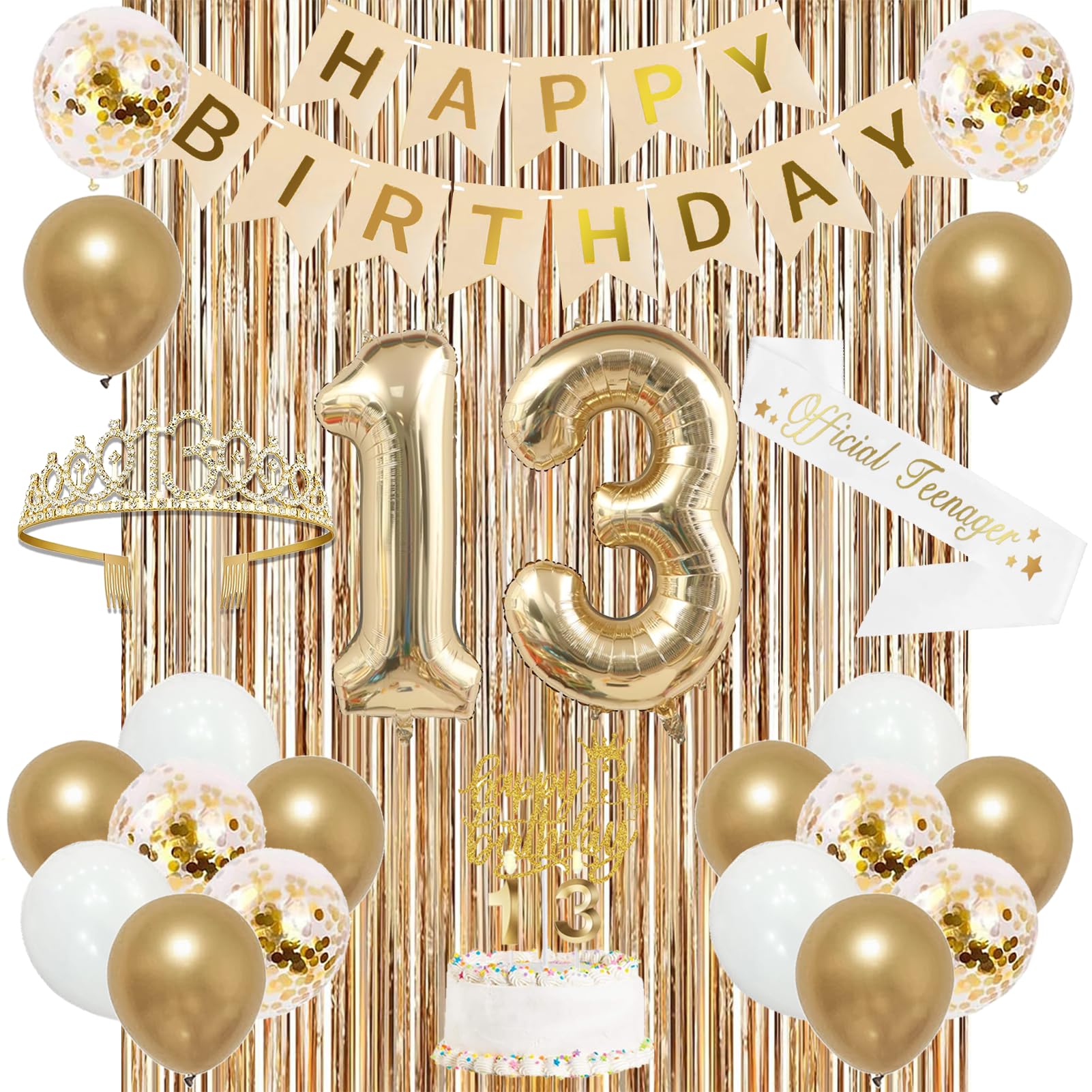 Trgowaul 13th Birthday Decorations for Girls, Banner, Sash and Crown, Cake Topper, 13 Number Balloon, Fringe Curtains, Champagne Gold 13 Birthday