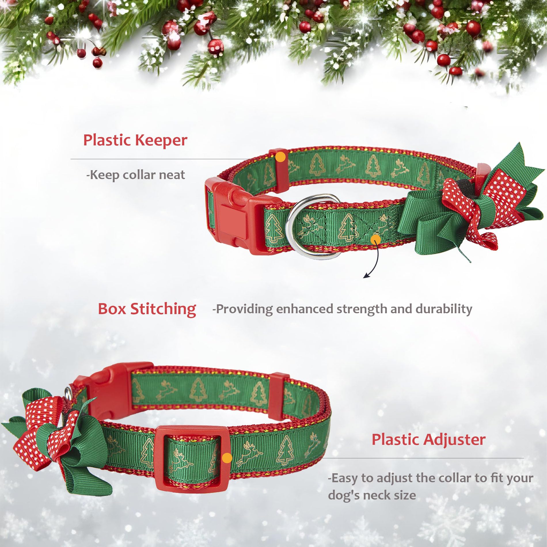Petiry Festive Christmas Dog Collar with Bow and Reindeer Print,Green Large Dog Collars Neck 40-63cm,Tree - Image 3