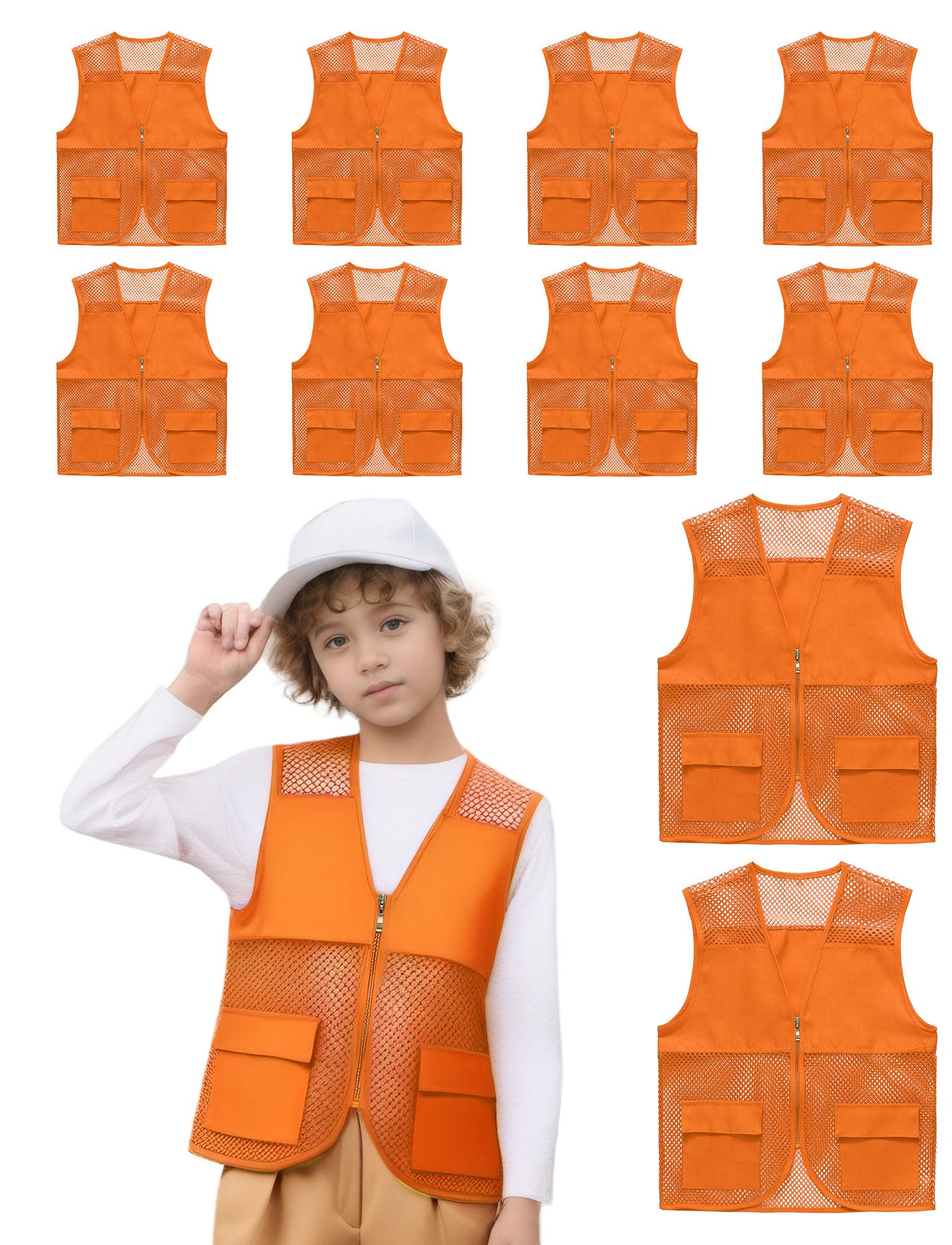 Happy Cherry - Chaleco de seguridad infantil (10 unidades, fluorescente, sin mangas, para niña, niña, de alta visibilidad con cremallera para 6 a 11 años