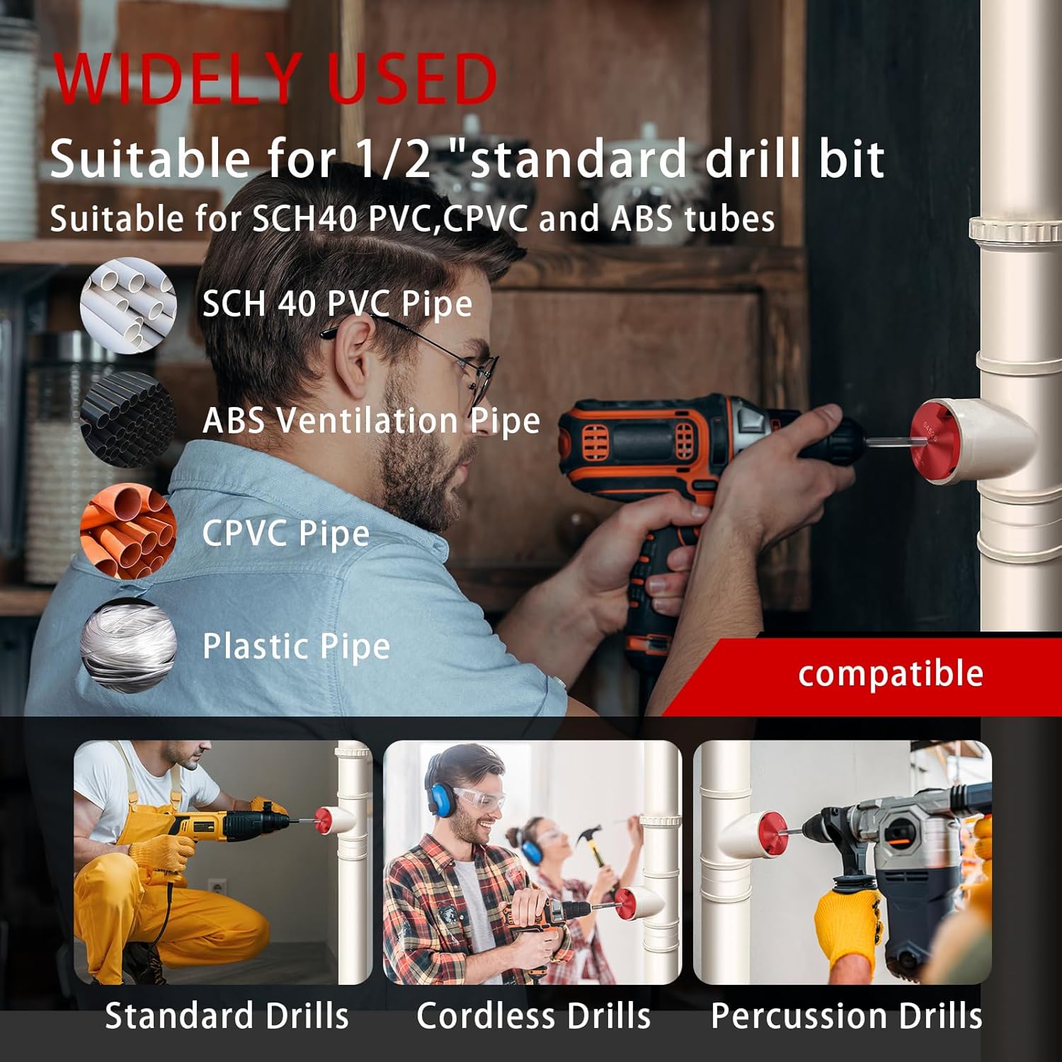 04529 for PPRK6 Plastic Pipe Fitting Reamer, PVC Reed Pipe Reamer Kit Contains 3/4",1",1-1/2",2",3",4" Aluminum Head Fit into Standard 1/2" Drill for CPVC, PPR or ABS