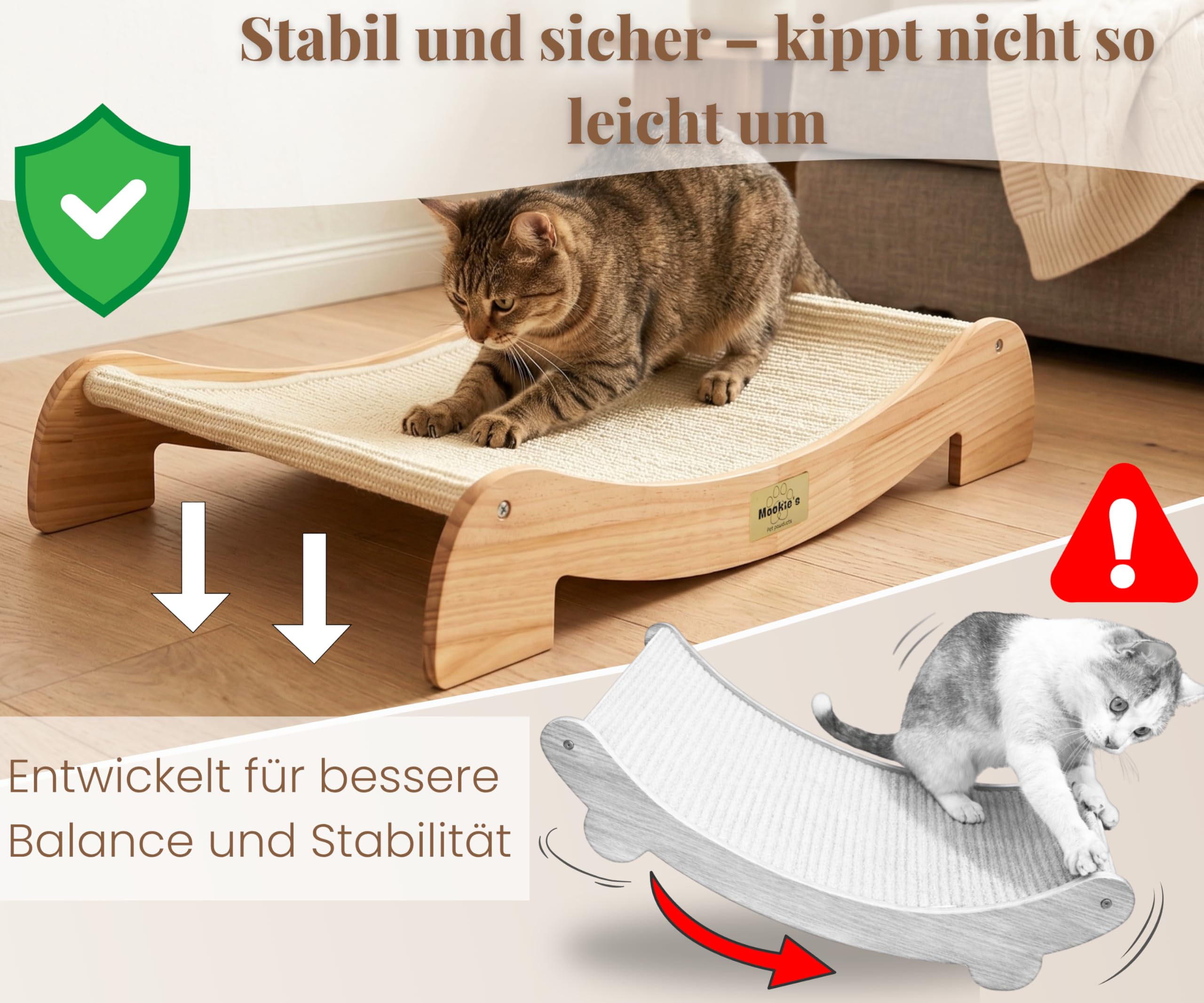 Mookie’s Kratzbrett für Katzen XL 67x42 cm – 2-in-1 Katzenliege & Kratzsofa aus Massivholz – Natursisal Kratzfläche – für Katzen jeder Größe
