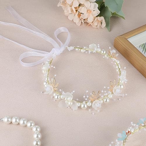 Miniatura 8 de Diadema blanca con diseño de flores de princesa, diadema de flores de boda, accesorios para el cabello nupcial para mujeres y adolescentes, 14.2